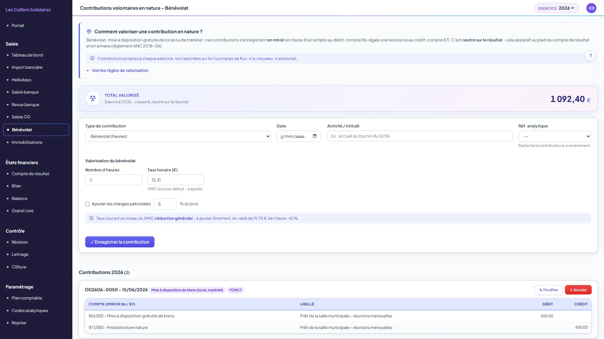 Écran Bénévolat : encadré de valorisation, total valorisé de l'exercice, formulaire avec type de contribution, date, activité, réf. analytique, heures et taux horaire, case des charges patronales et sa note d'aide, puis liste des contributions en miroir 86/87