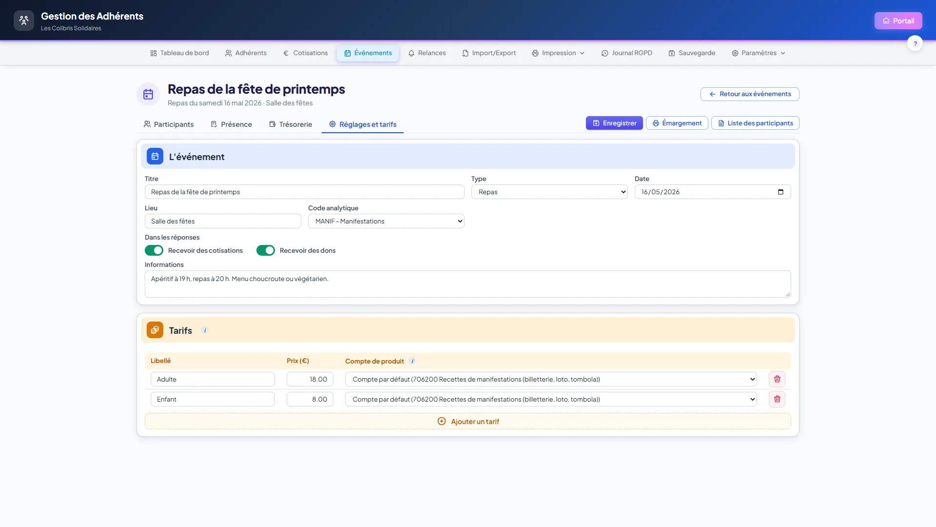 Onglet Réglages et tarifs d'un repas : titre, type, date, lieu, code analytique, interrupteurs des cotisations et des dons, puis deux tarifs Adulte et Enfant