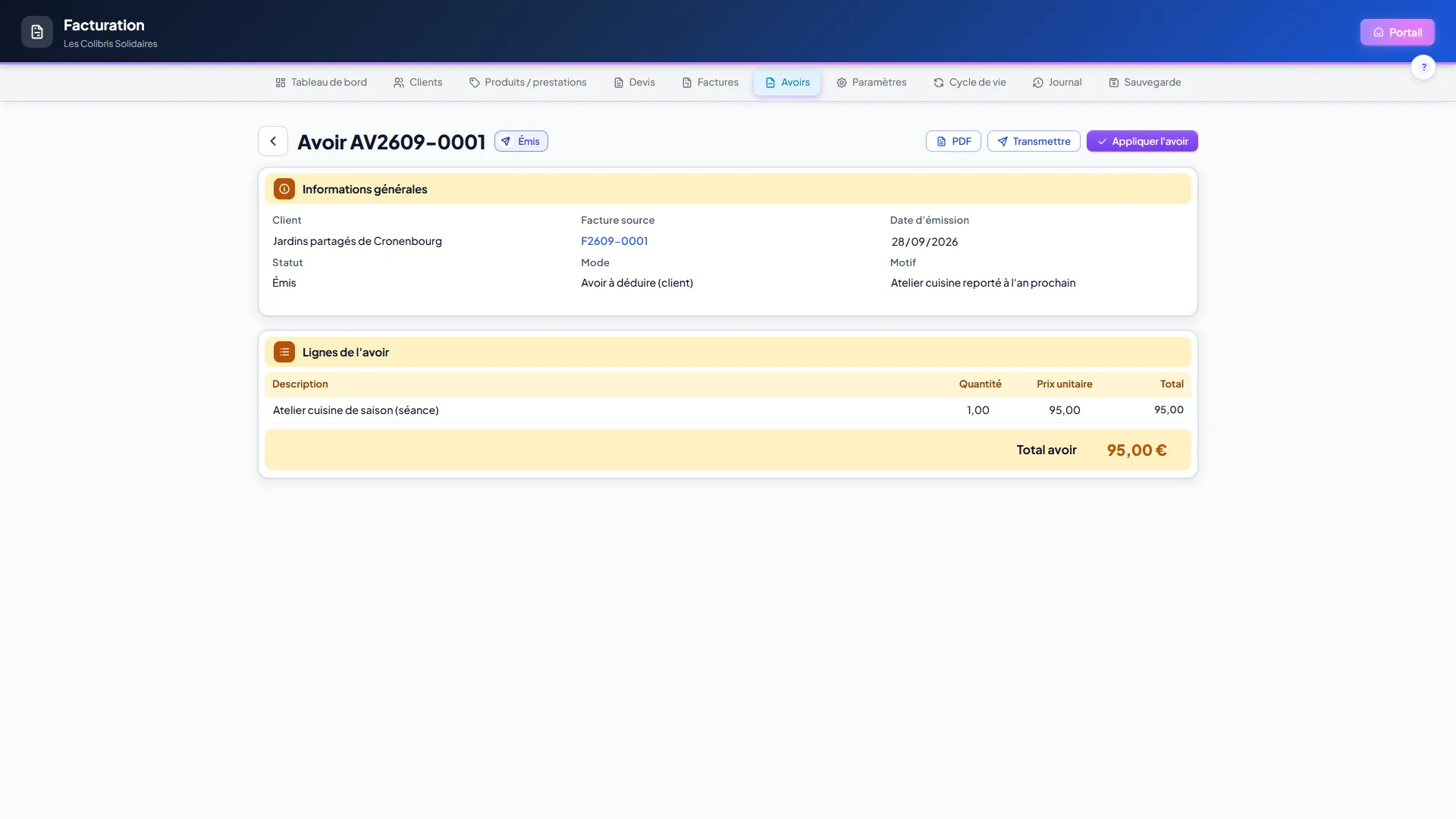Fiche d'un avoir émis à déduire : client, facture source, motif et ligne de l'avoir, avec les boutons PDF, Transmettre et Appliquer l'avoir en haut à droite