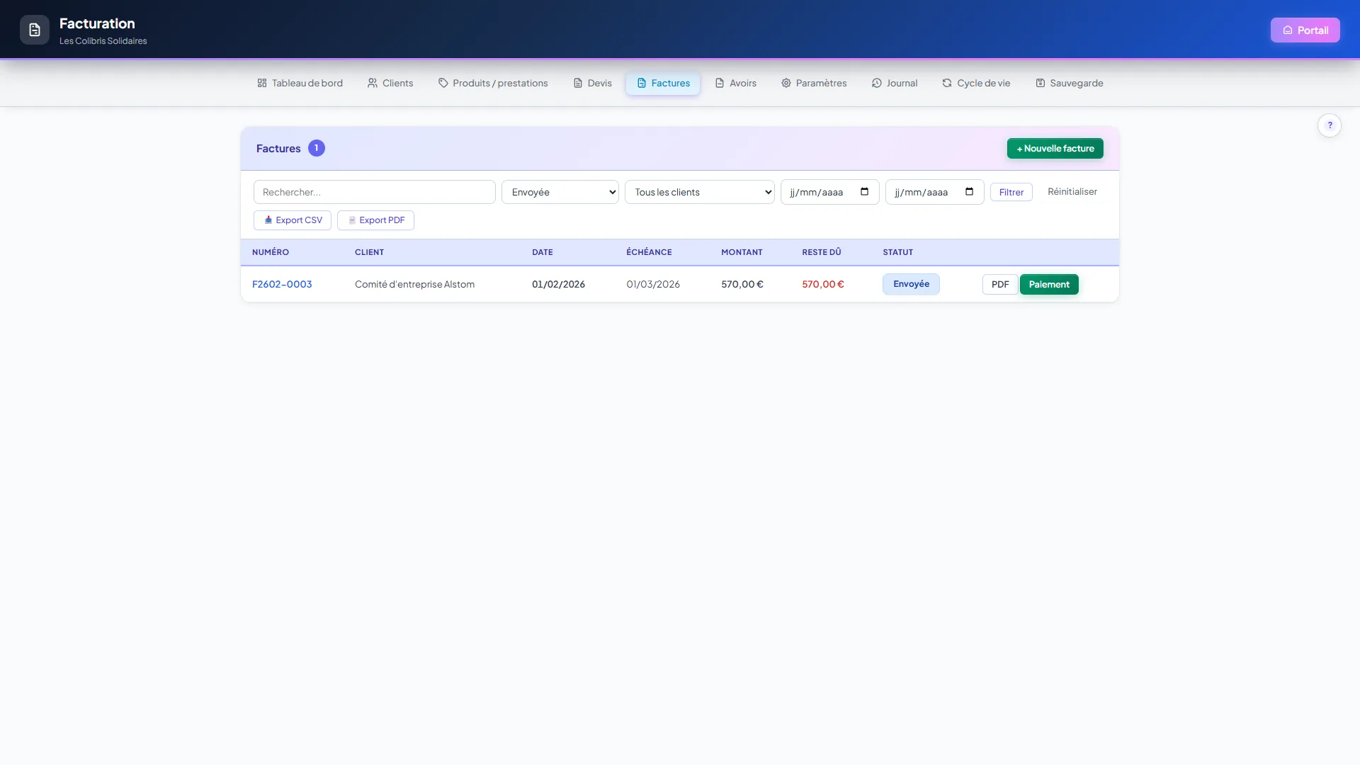 Liste des factures filtrée sur le statut Envoyée, avec la barre de filtres (recherche, statut, client, dates) et les boutons Export CSV et Export PDF