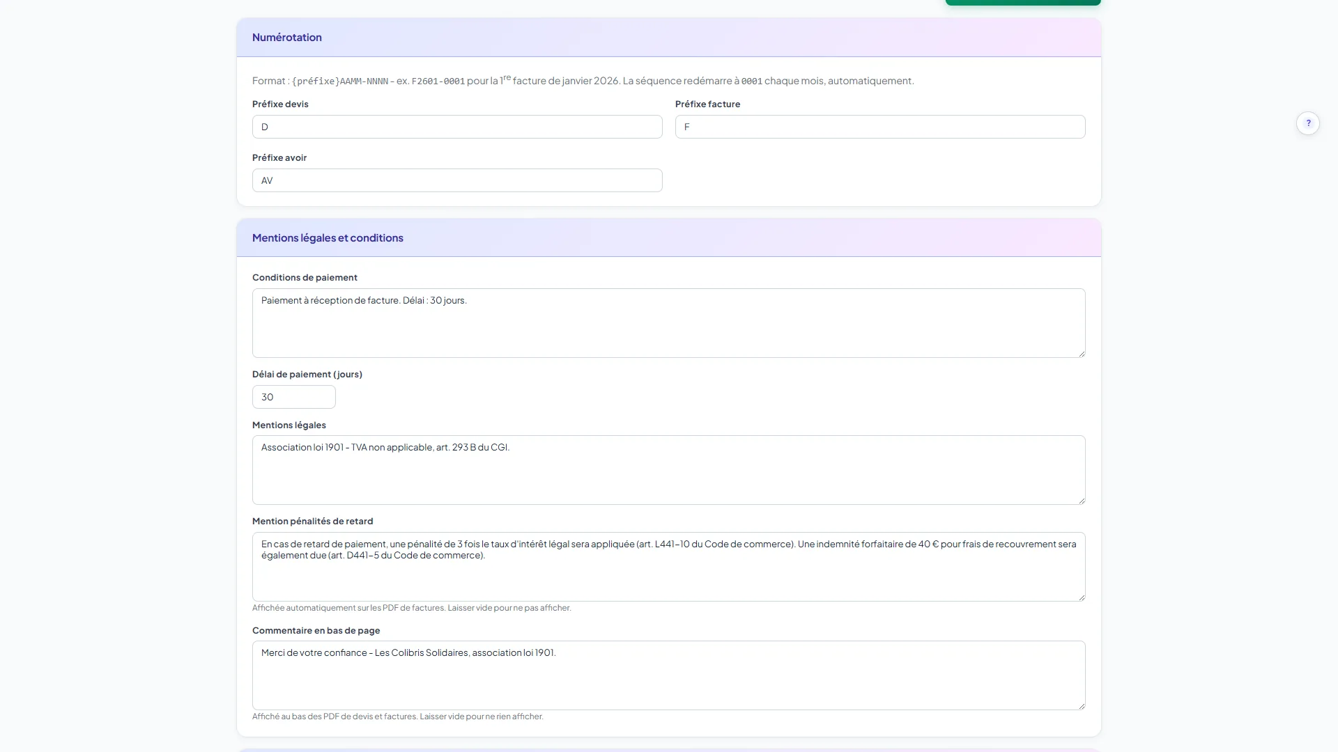 Écran Paramètres du module Facturation : la carte Numérotation et ses trois préfixes, puis les cinq zones de la carte Mentions légales et conditions, dont le commentaire en bas de page