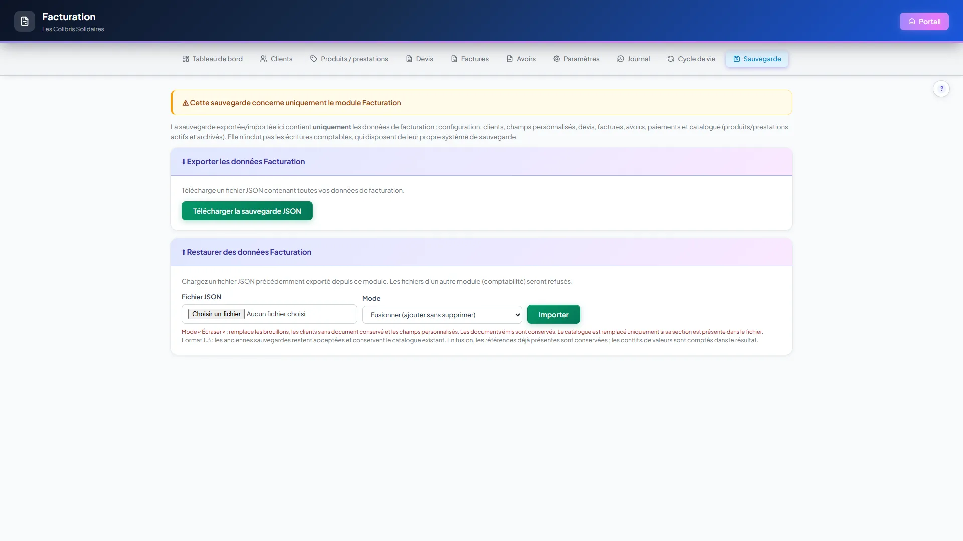 Écran Sauvegarde du module Facturation : export JSON et restauration en mode fusionner ou écraser