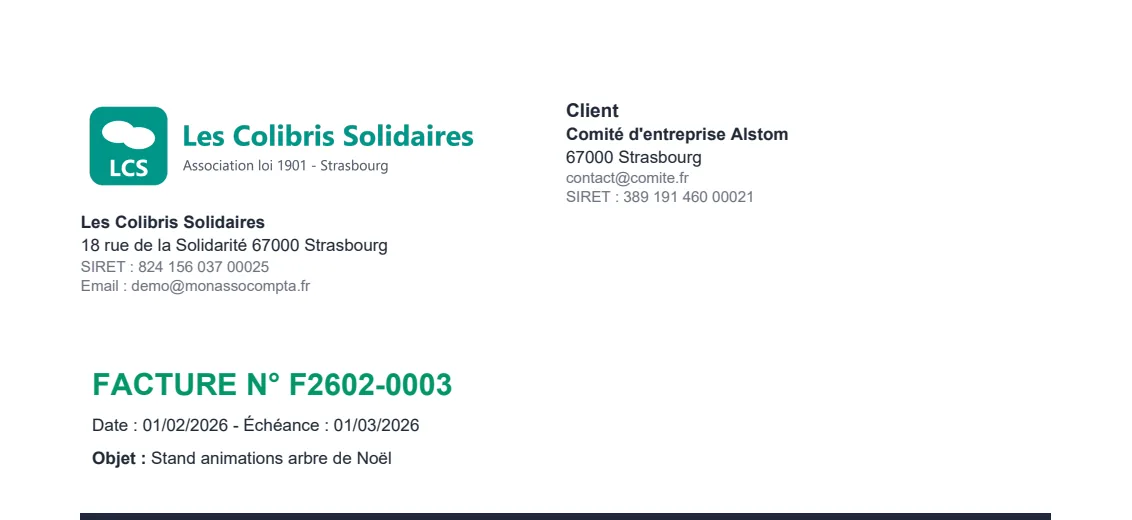 En-tête de la même facture PDF avec un logo bandeau : le bandeau au-dessus des coordonnées de l'association, sur toute la largeur de la colonne, le bloc Client à droite inchangé