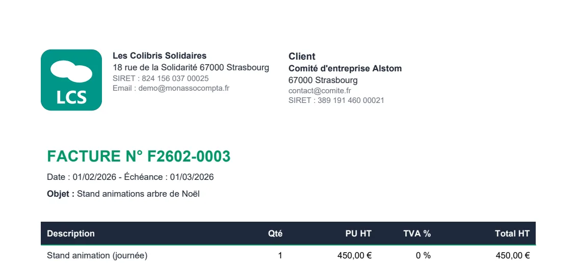 En-tête d'une facture PDF avec un logo carré : le logo à gauche, le nom, l'adresse, le SIRET et l'email de l'association juste à côté, le bloc Client à droite