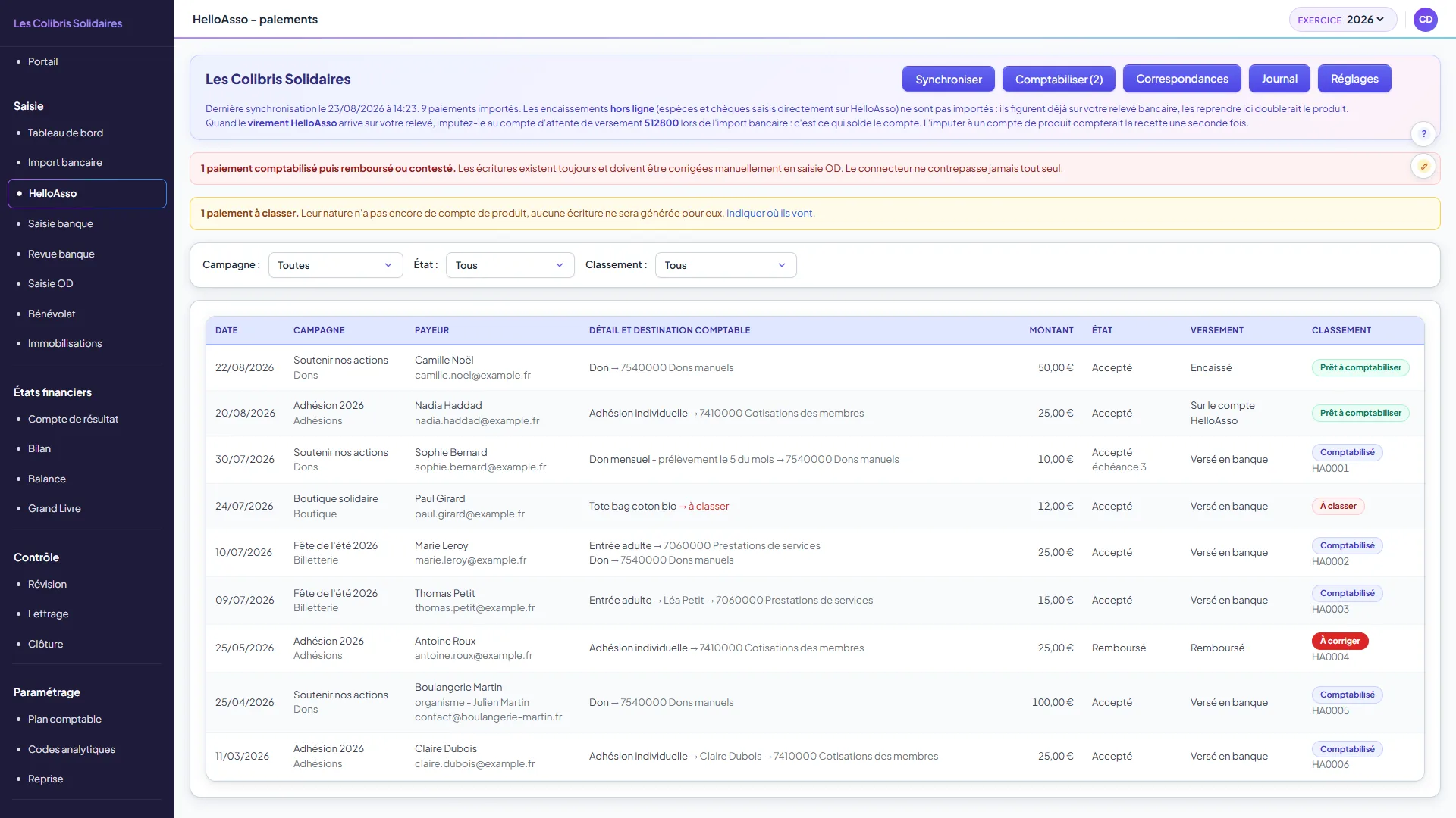 Paiements HelloAsso importés avec leur destination comptable