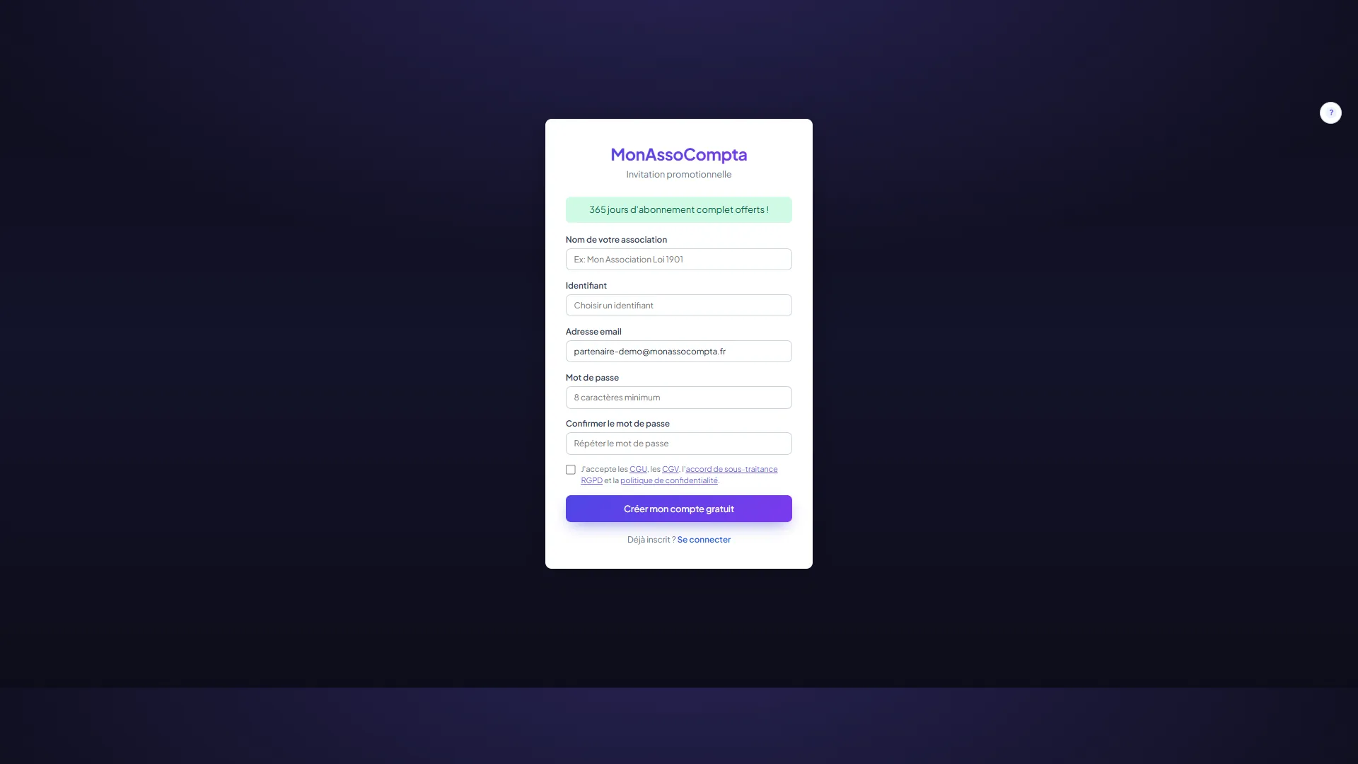 Formulaire d'inscription ouvert par un lien partenaire, surmonté d'un bandeau vert qui annonce les jours d'abonnement offerts. L'adresse email est déjà remplie.