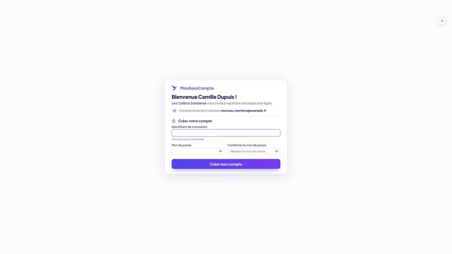 Écran d'acceptation d'une invitation : message de bienvenue, adresse du compte, identifiant de connexion, mot de passe et bouton Créer mon compte