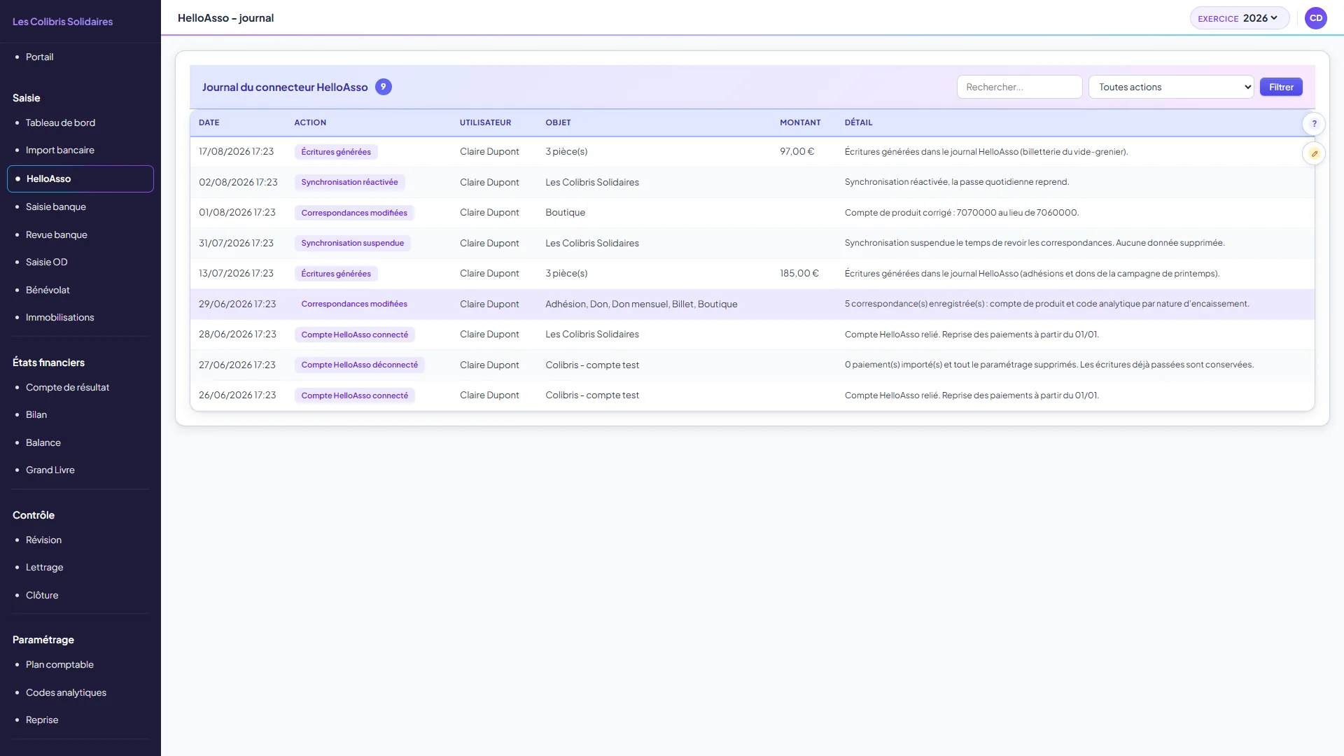Journal du connecteur HelloAsso : huit gestes empilés, de la connexion aux générations d'écritures, chacun avec son étiquette d'action.