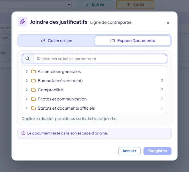 Fenêtre Joindre des justificatifs, onglet Espace Documents : champ de recherche, liste des dossiers dépliables avec leur nombre de fichiers, boutons Annuler et Enregistrer