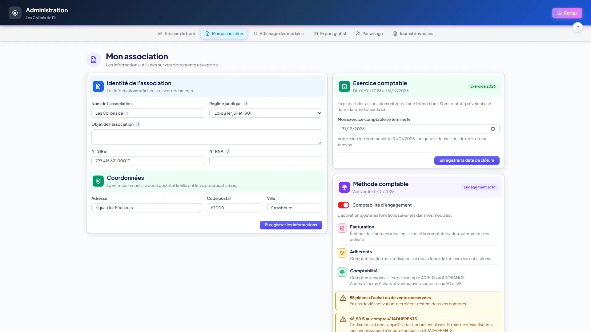 Carte Méthode comptable de l'écran Mon association, interrupteur Comptabilité d'engagement activé