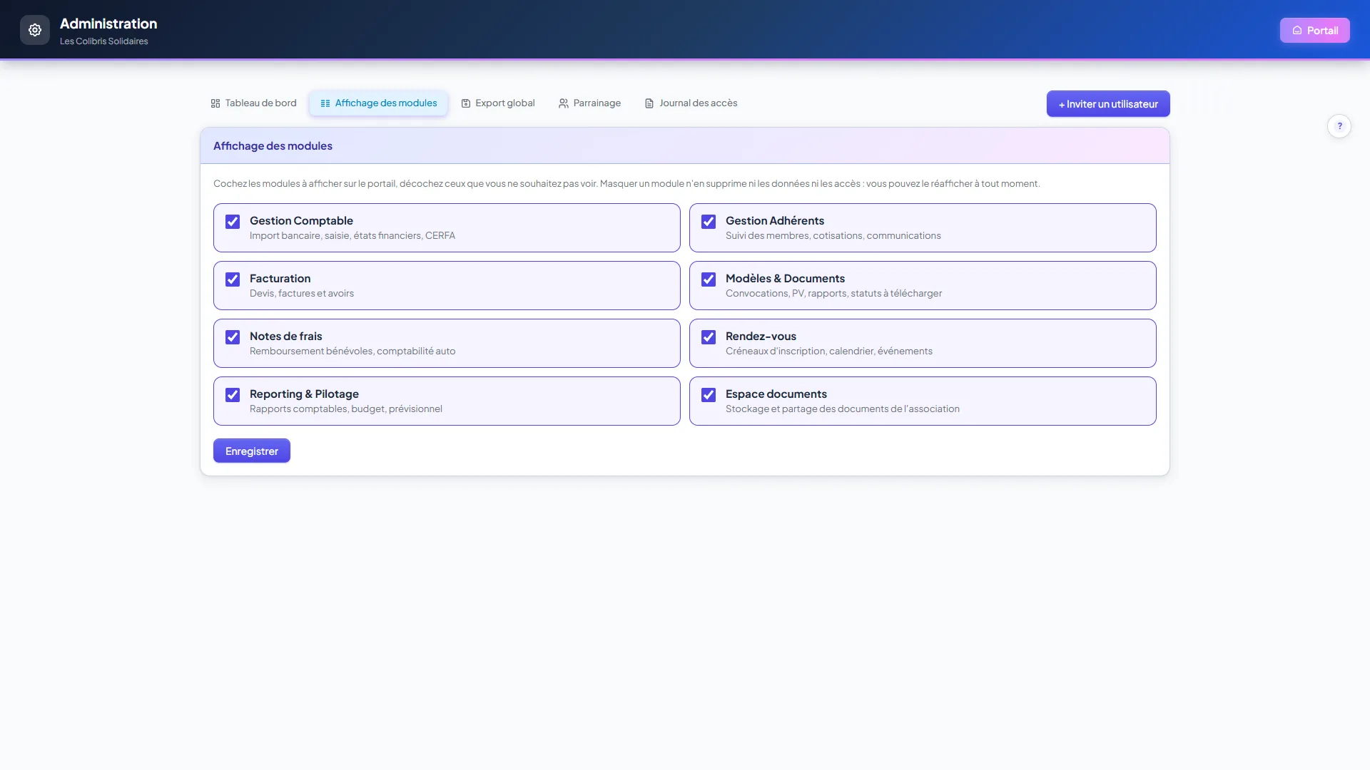 Écran Affichage des modules dans Administration : cases à cocher pour Gestion comptable, Adhérents, Facturation, Reporting, Notes de frais, Rendez-vous et Modèles