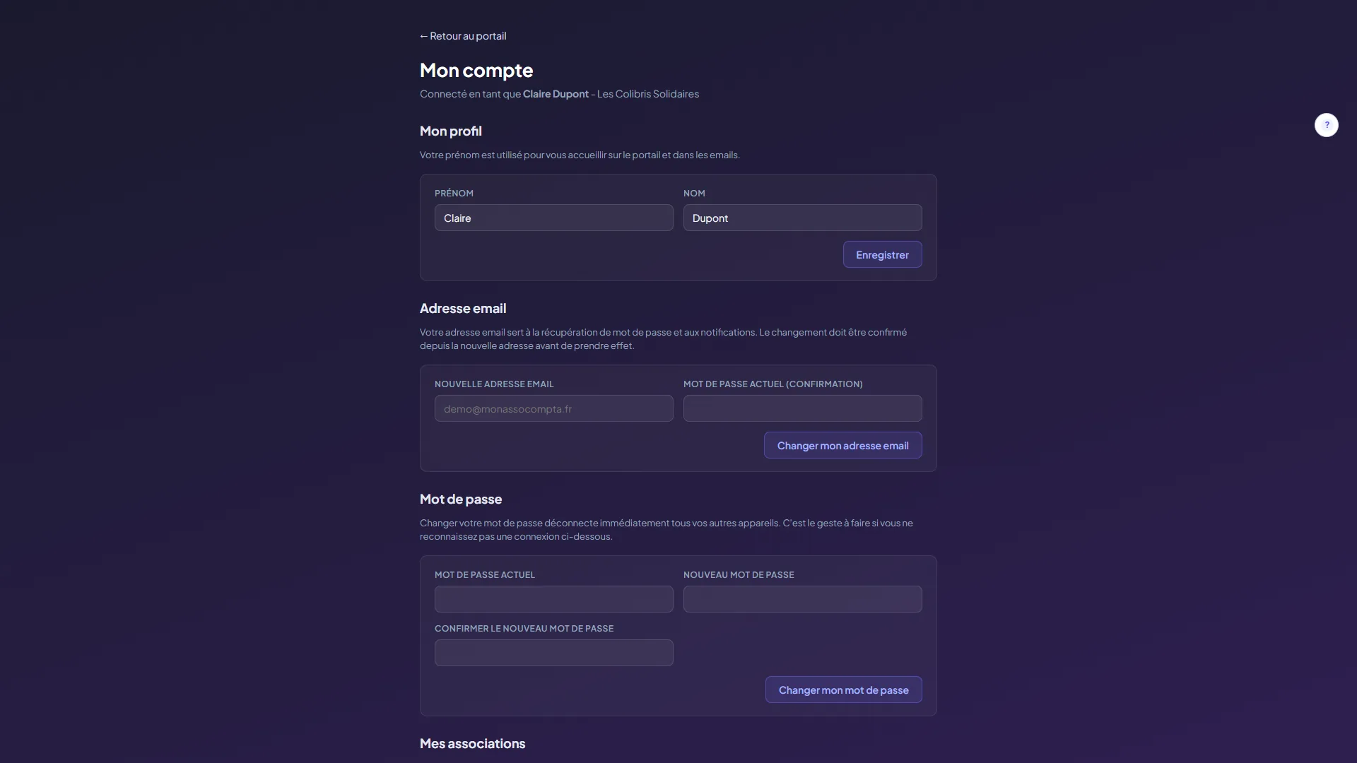 Écran Mon compte : le profil prénom et nom, la section Adresse email, la section Mot de passe avec ses trois champs et le bouton Changer mon mot de passe, puis le début de Mes associations
