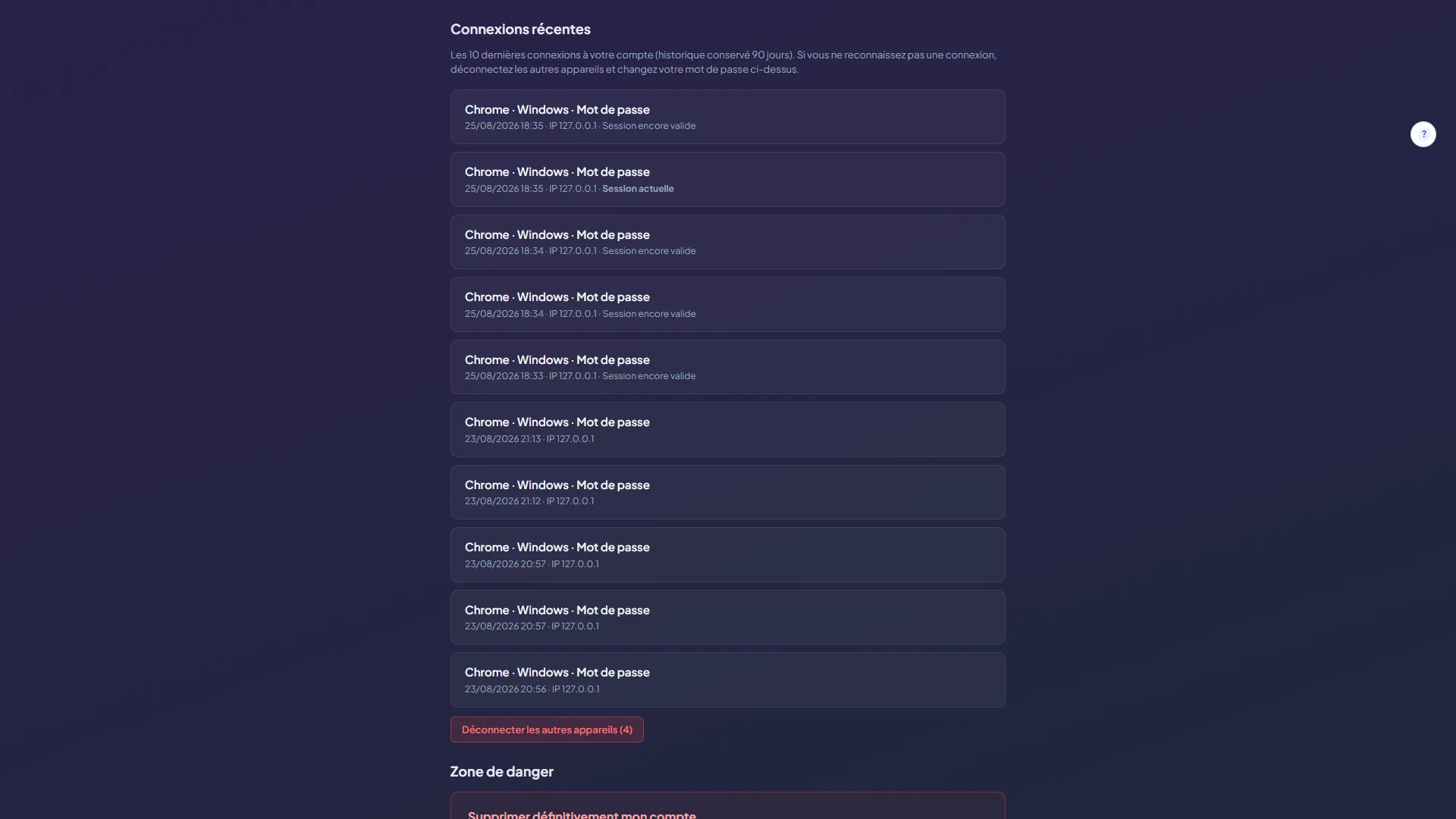 Section Connexions récentes de Mon compte : liste des connexions avec navigateur, date, adresse IP et mention Session actuelle, puis le bouton Déconnecter les autres appareils
