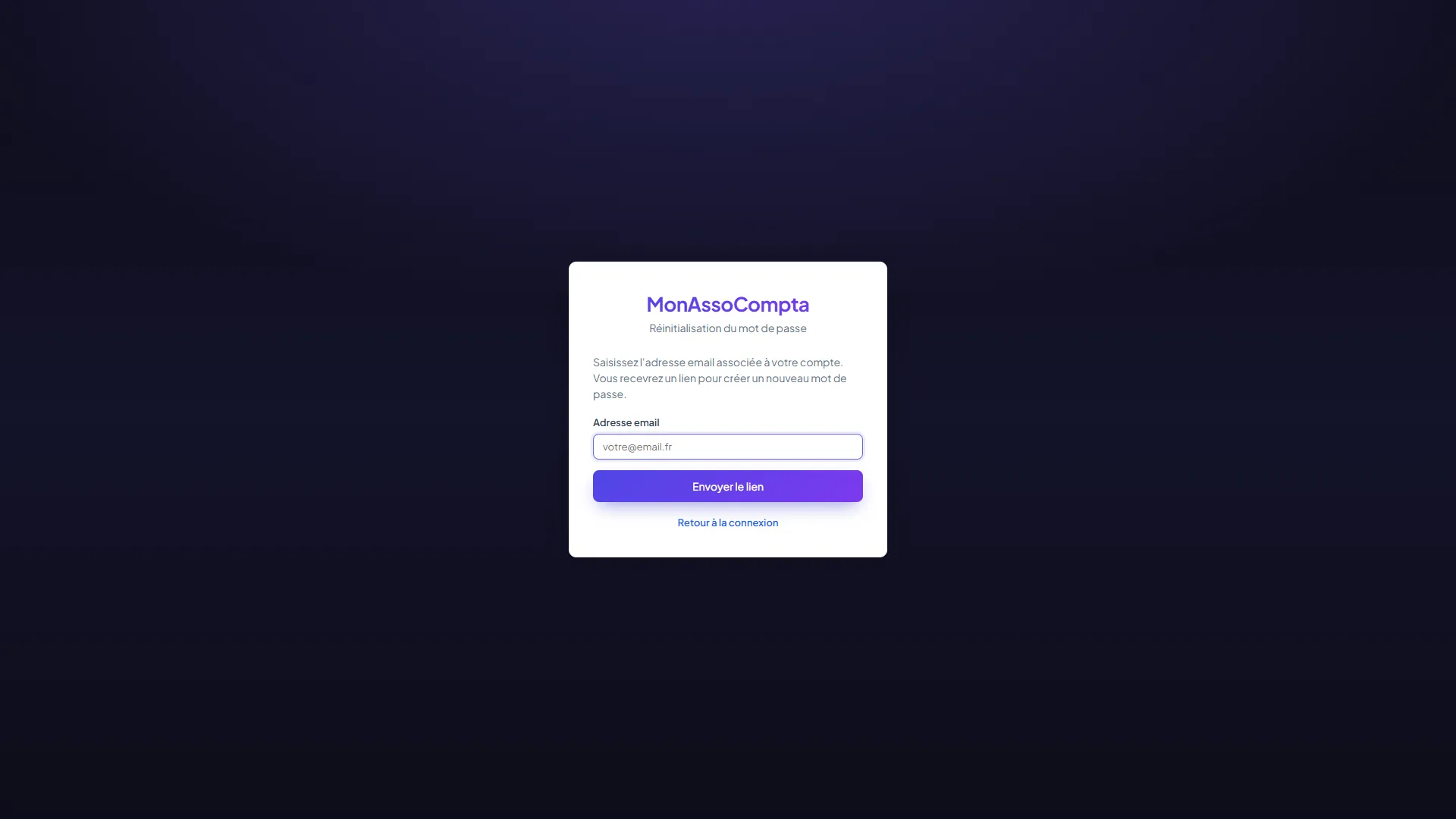 Écran de réinitialisation du mot de passe : champ adresse email et bouton d'envoi du lien