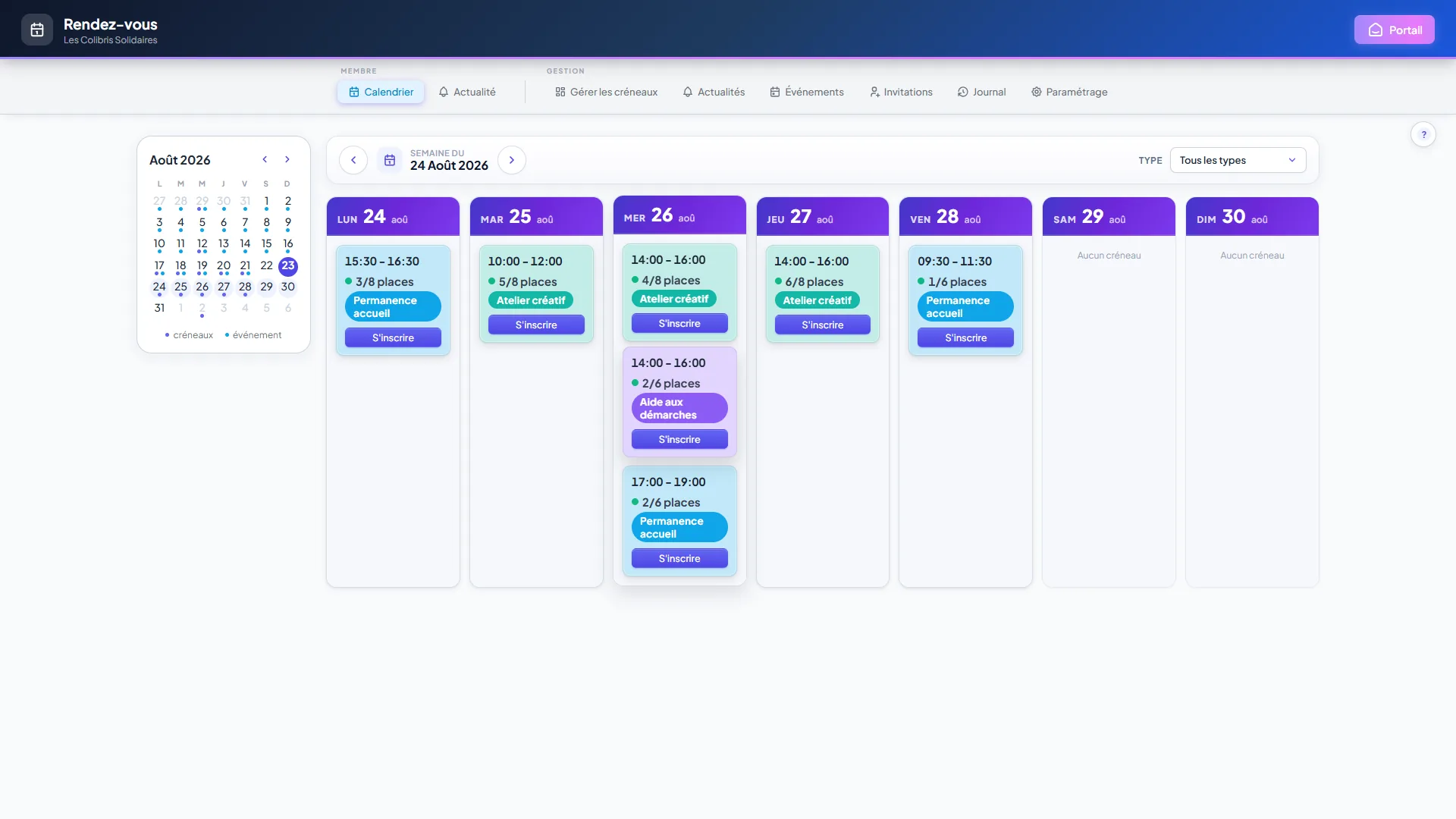 Calendrier hebdomadaire du module Rendez-vous avec créneaux, inscrits sur capacité et boutons S'inscrire