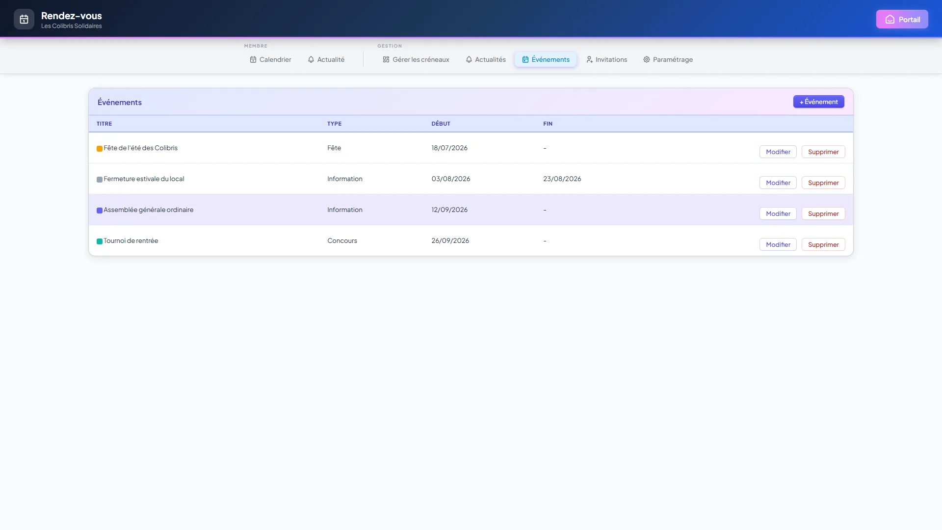Écran Événements du module Rendez-vous : tableau des événements avec titre, type, dates et bouton + Événement