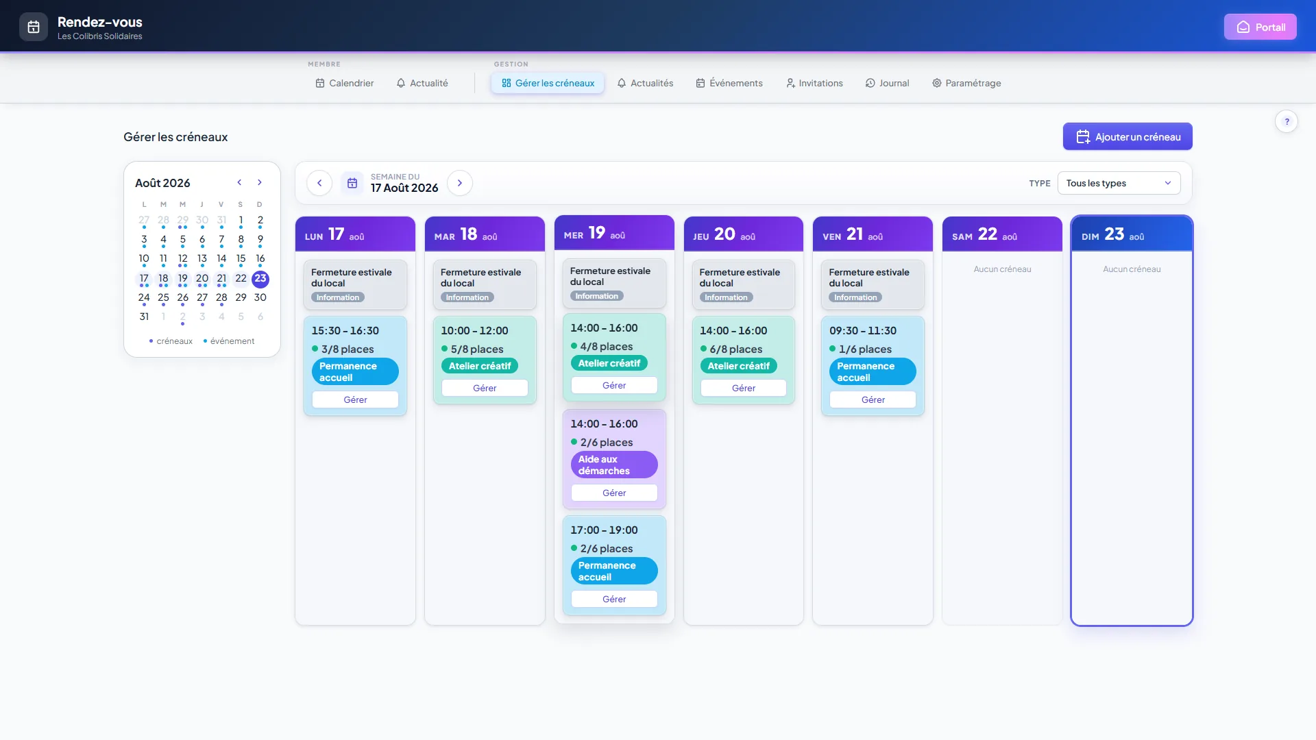Calendrier admin du module Rendez-vous : gestion des créneaux et des inscriptions