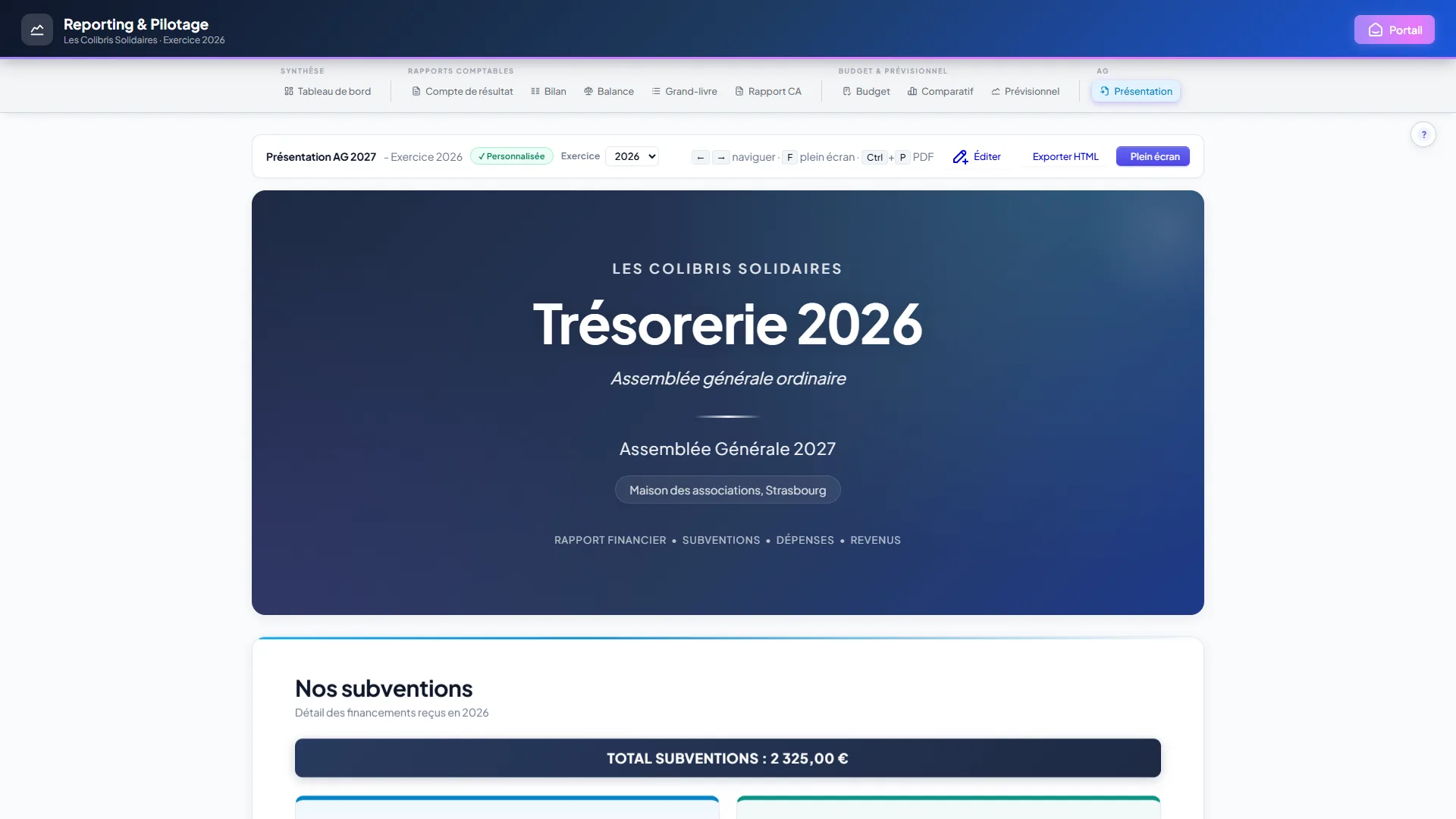 Présentation d'assemblée générale générée depuis les chiffres de la comptabilité