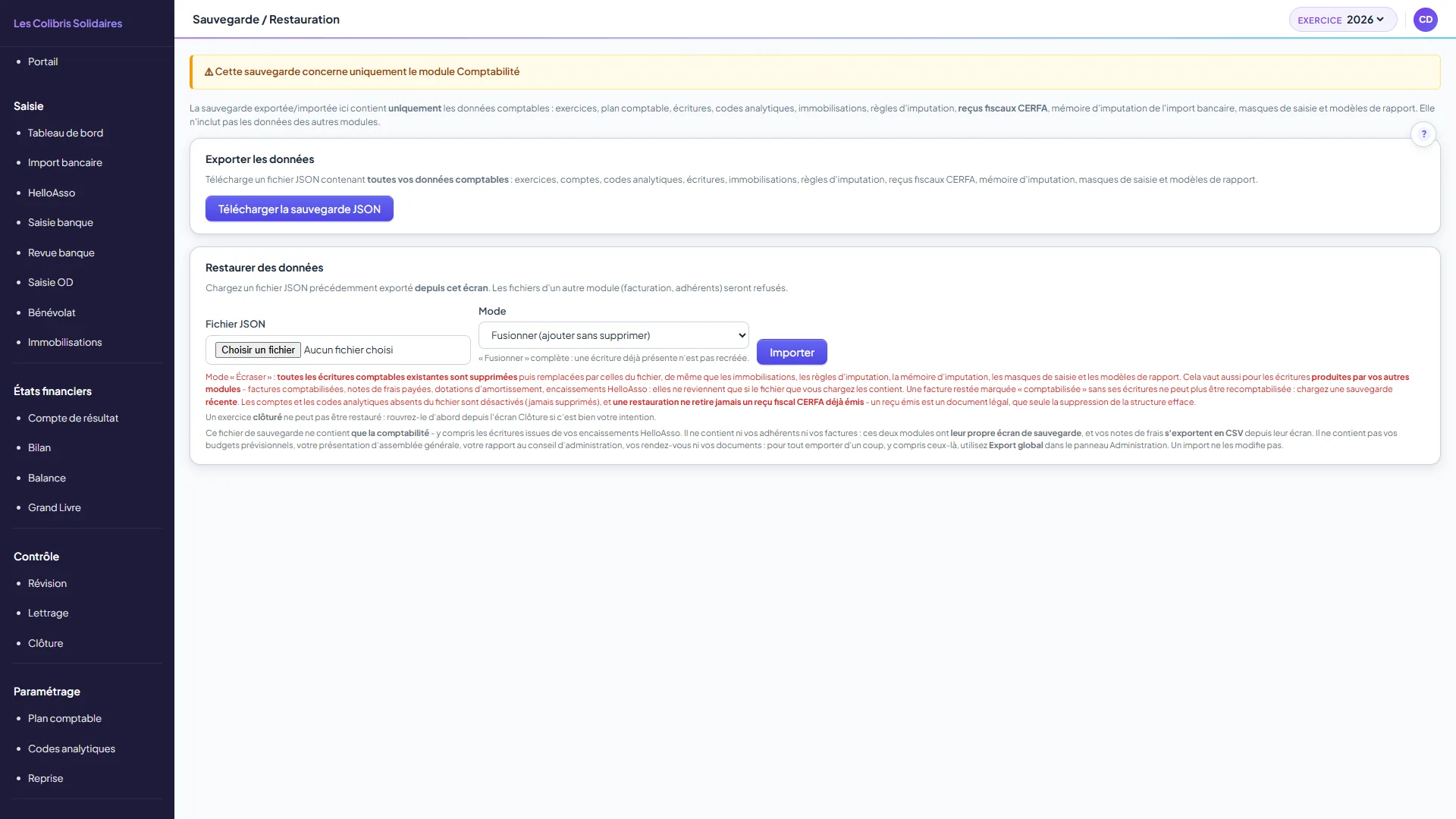 Écran de sauvegarde des données comptables de l'association : export JSON et restauration