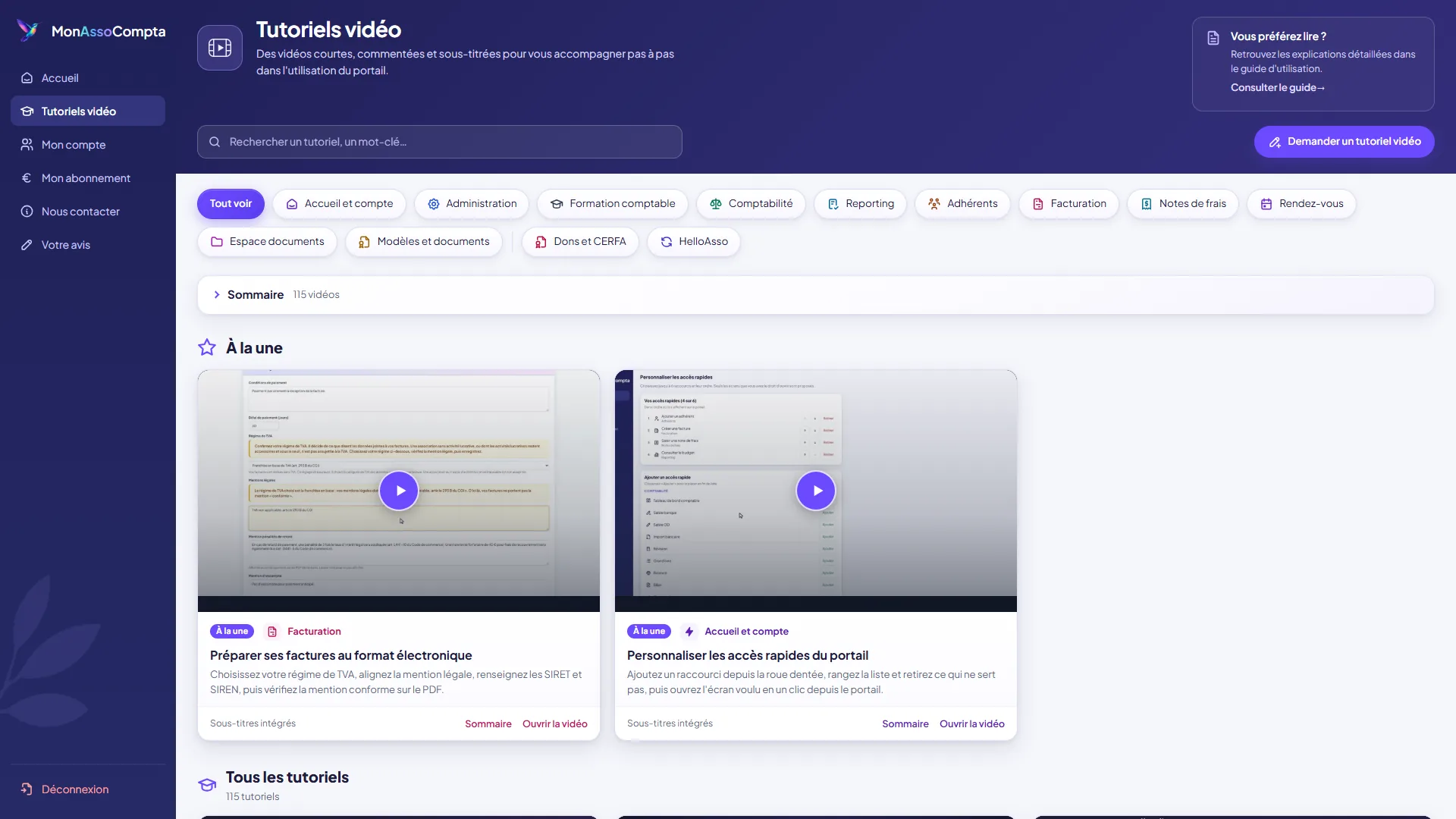 Page Tutoriels vidéo : le sommaire des cent neuf vidéos rangées par module, avec la durée de chacune