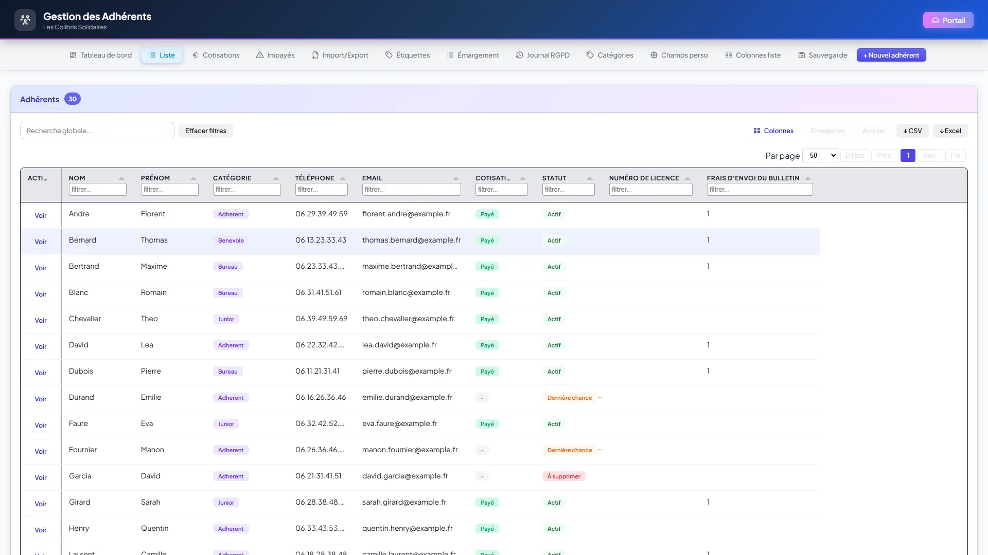 Liste des adhérents : recherche globale, filtres sous chaque en-tête de colonne, boutons Colonnes, Enregistrer, Annuler, export CSV et Excel