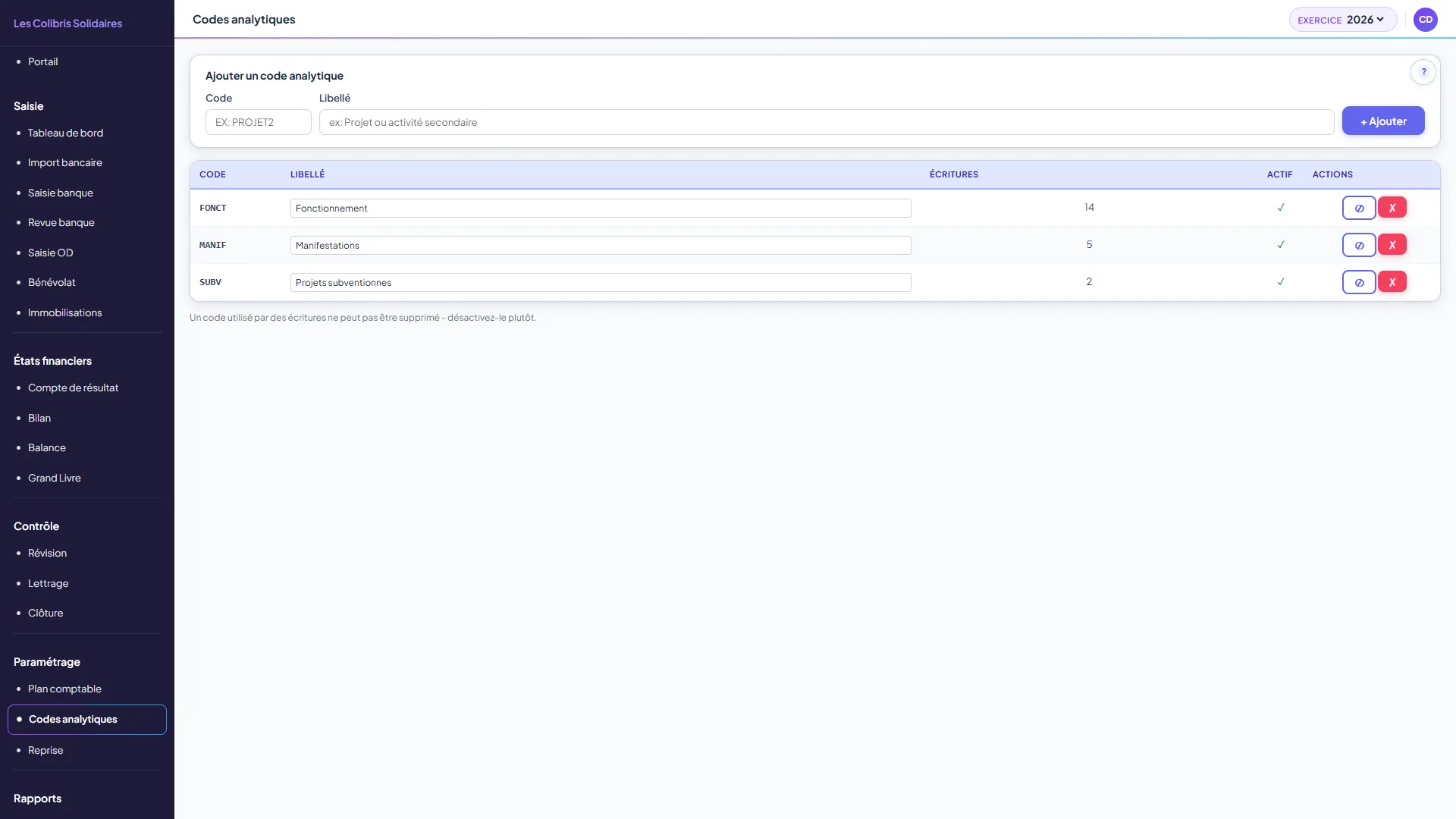 Gestion des codes analytiques de l'association
