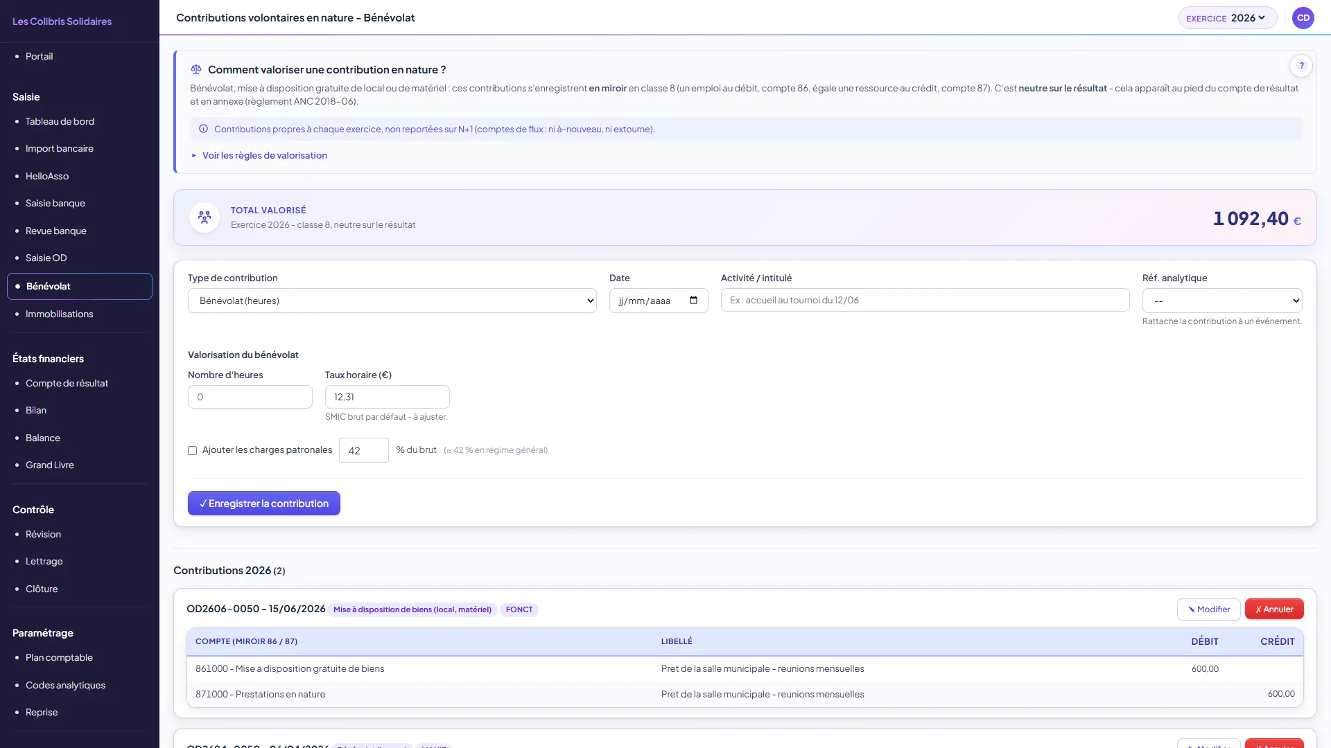 Écran Bénévolat : encadré de valorisation, total valorisé de l'exercice, formulaire avec type de contribution, date, activité, réf. analytique, heures et taux horaire, puis liste des contributions en miroir 86/87