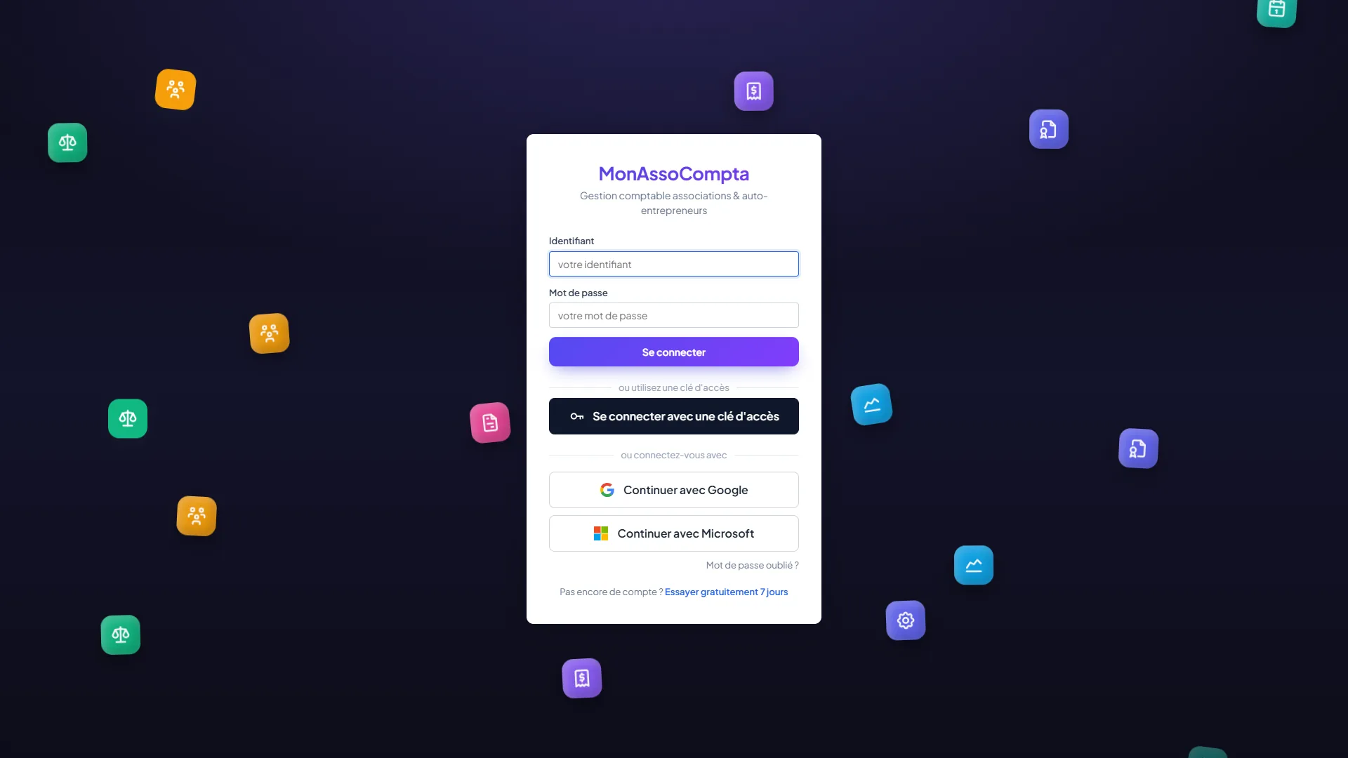 Page de connexion Mon Asso Compta avec les boutons Continuer avec Google et Continuer avec Microsoft sous le formulaire identifiant / mot de passe