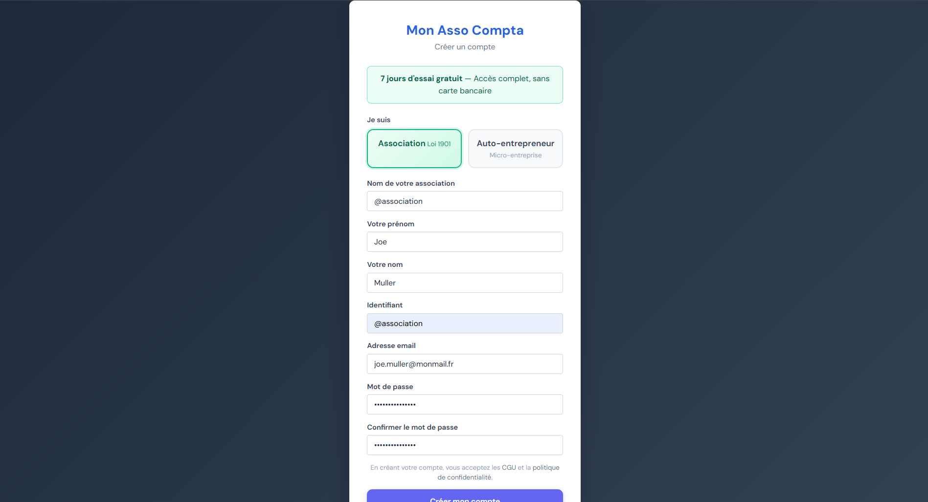 Formulaire de création de compte MonAssoCompta