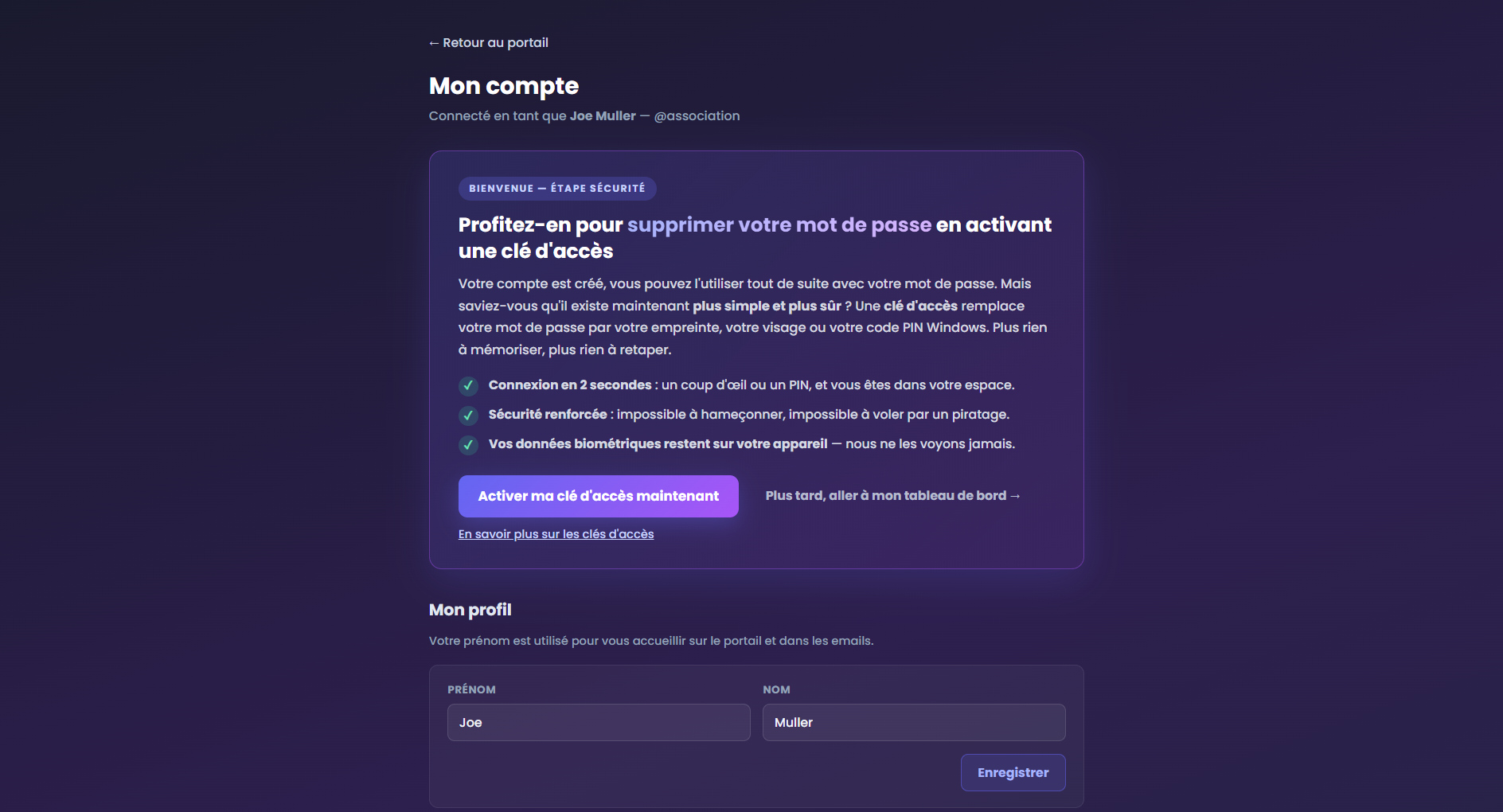 Proposition d'ajout d'une clé d'accès après création de compte