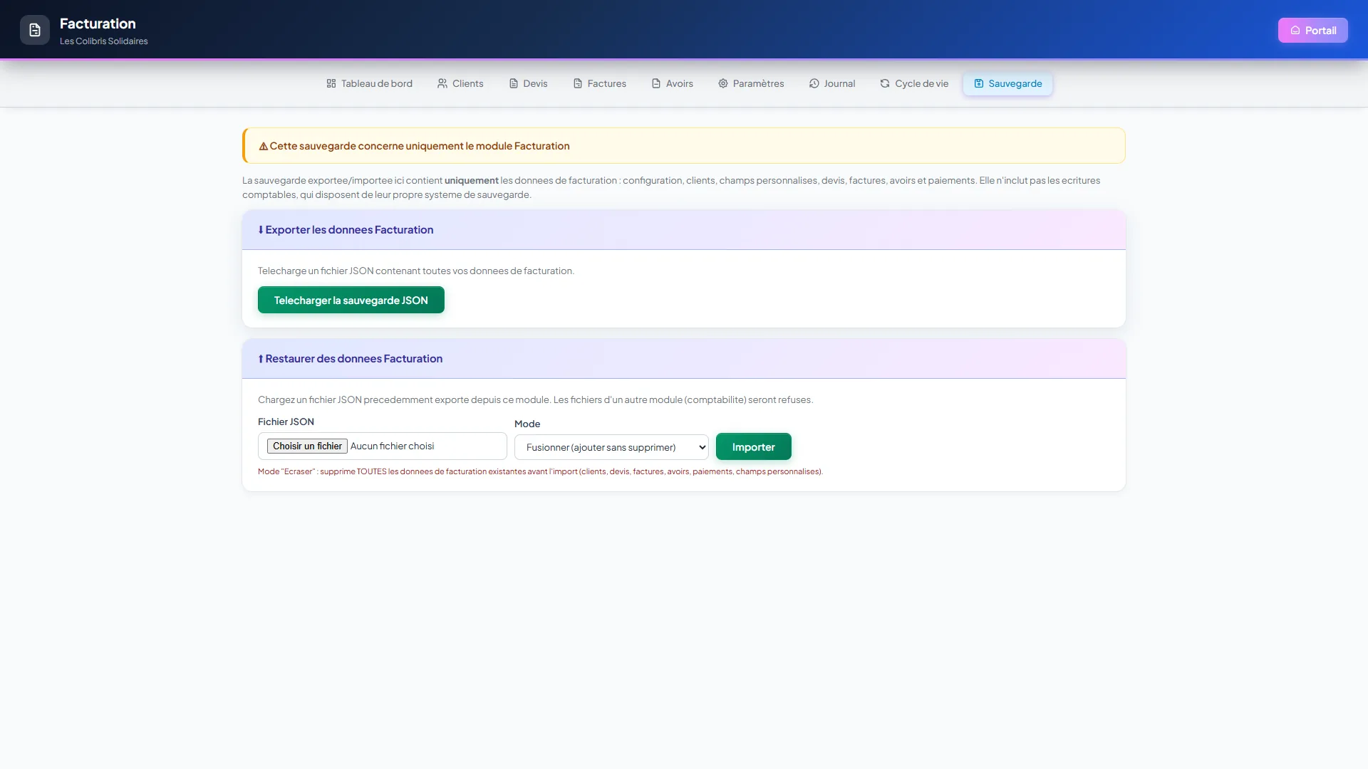 Écran Sauvegarde du module Facturation : export JSON et restauration en mode fusionner ou écraser