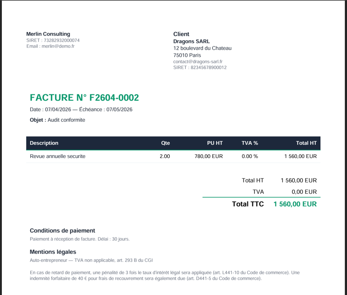 Aperçu d'une facture