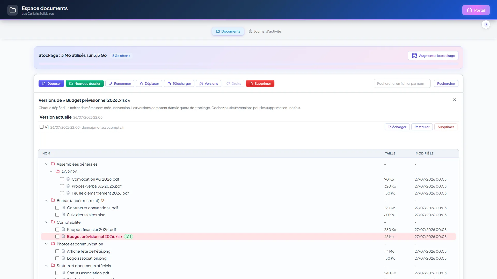 Panneau Versions d'un fichier : liste des versions antérieures avec les actions télécharger, restaurer et supprimer