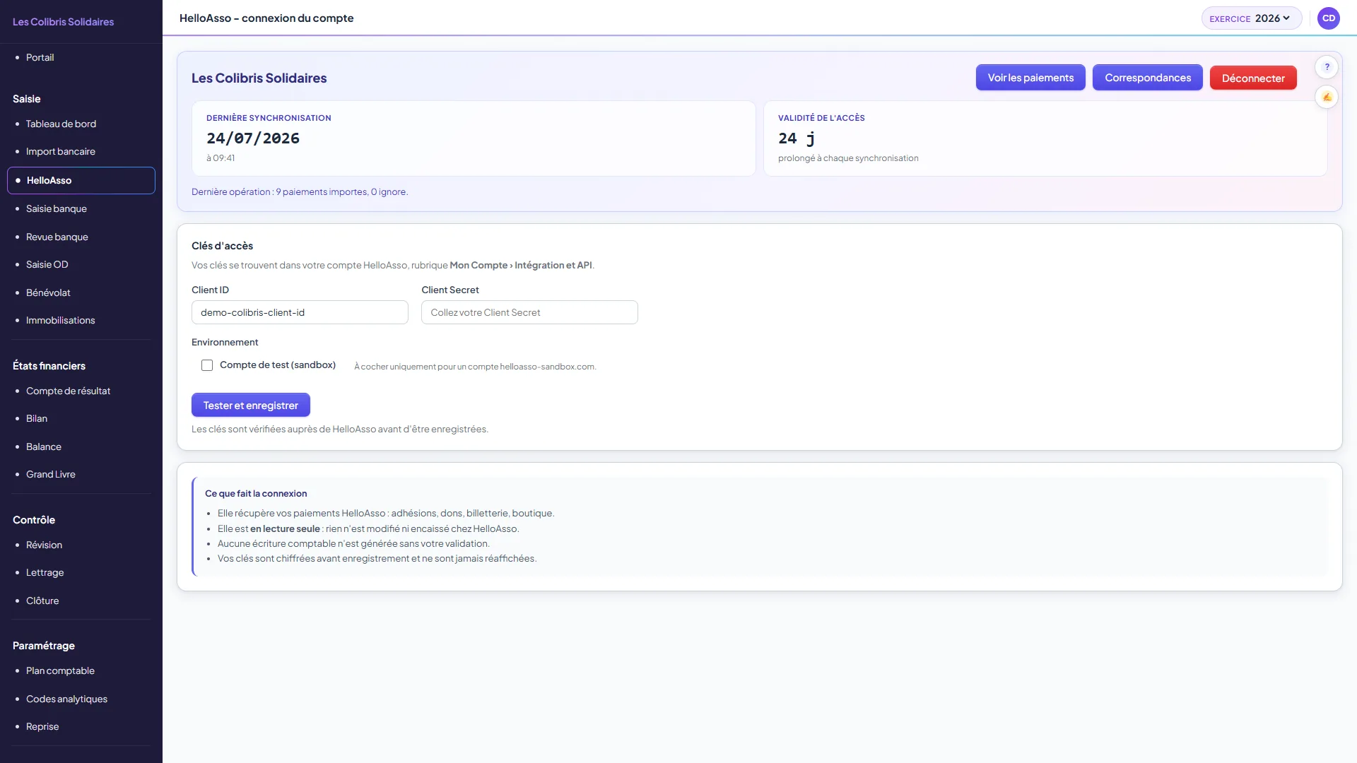 Écran de connexion HelloAsso avec les clés d'accès et l'état de la liaison