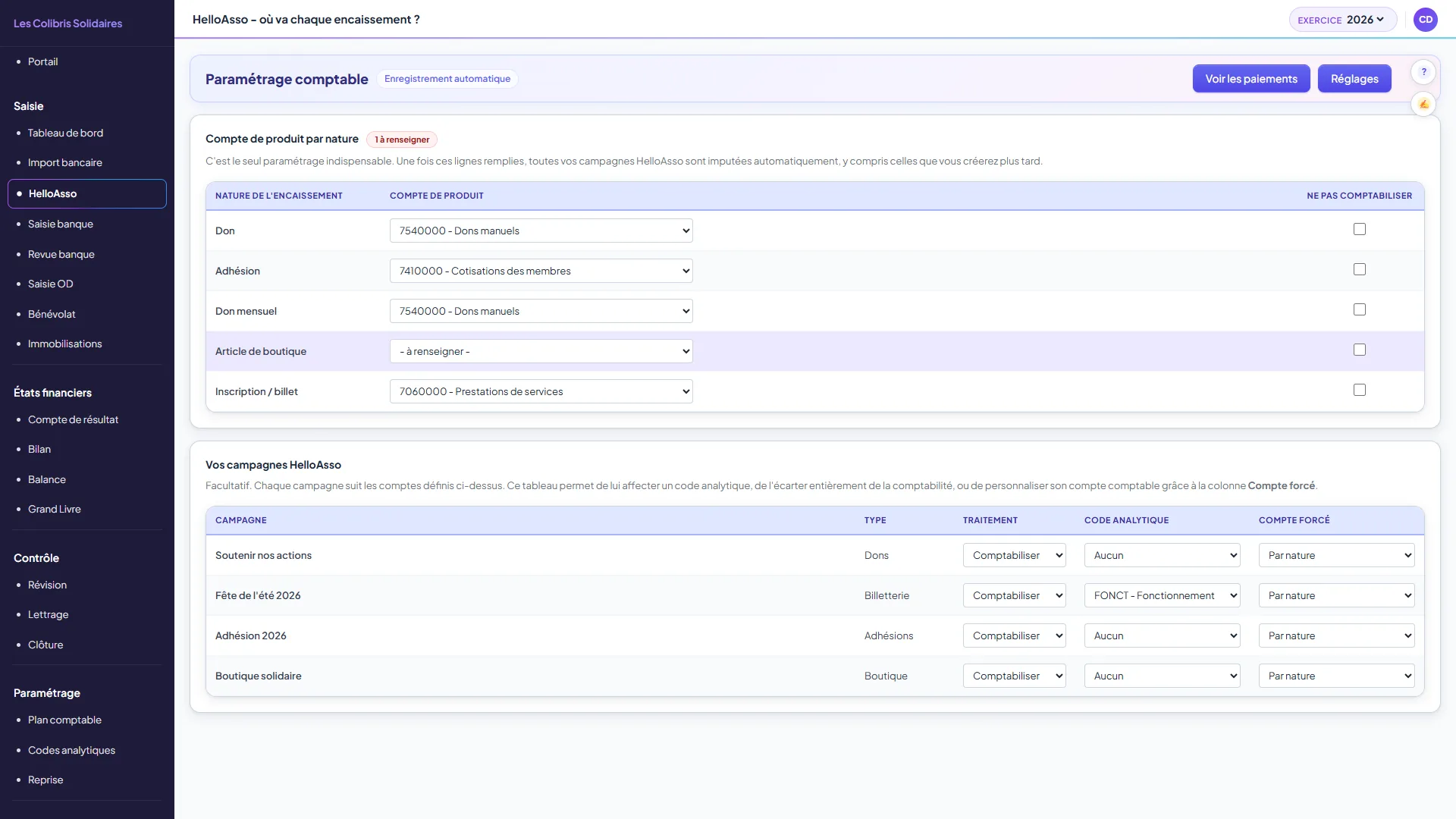 Écran des correspondances HelloAsso avec le compte de produit par nature et le tableau des campagnes