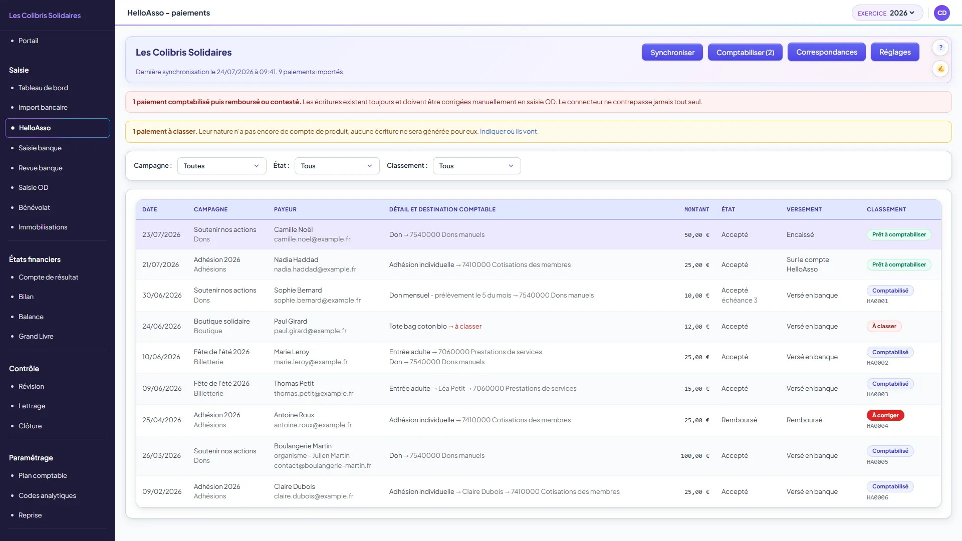 Liste des paiements HelloAsso avec payeur, détail, montant, état, versement et classement comptable