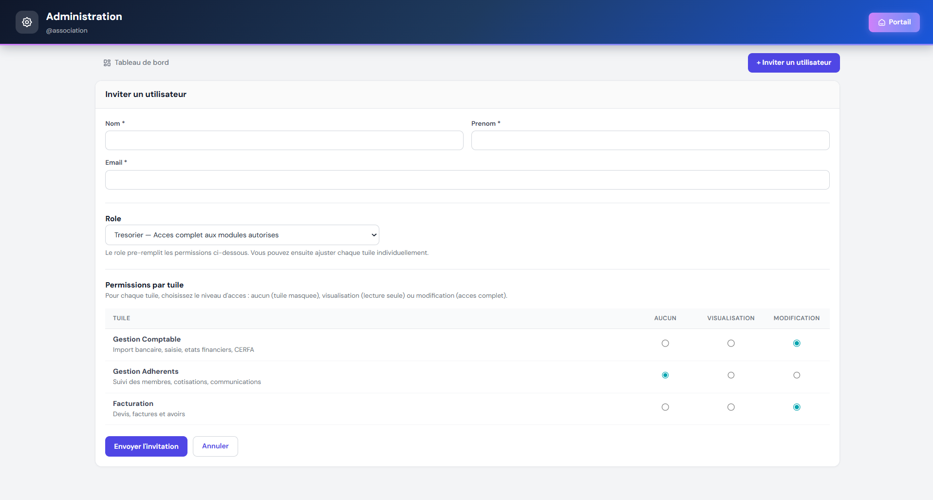 Formulaire d'invitation d'un trésorier
