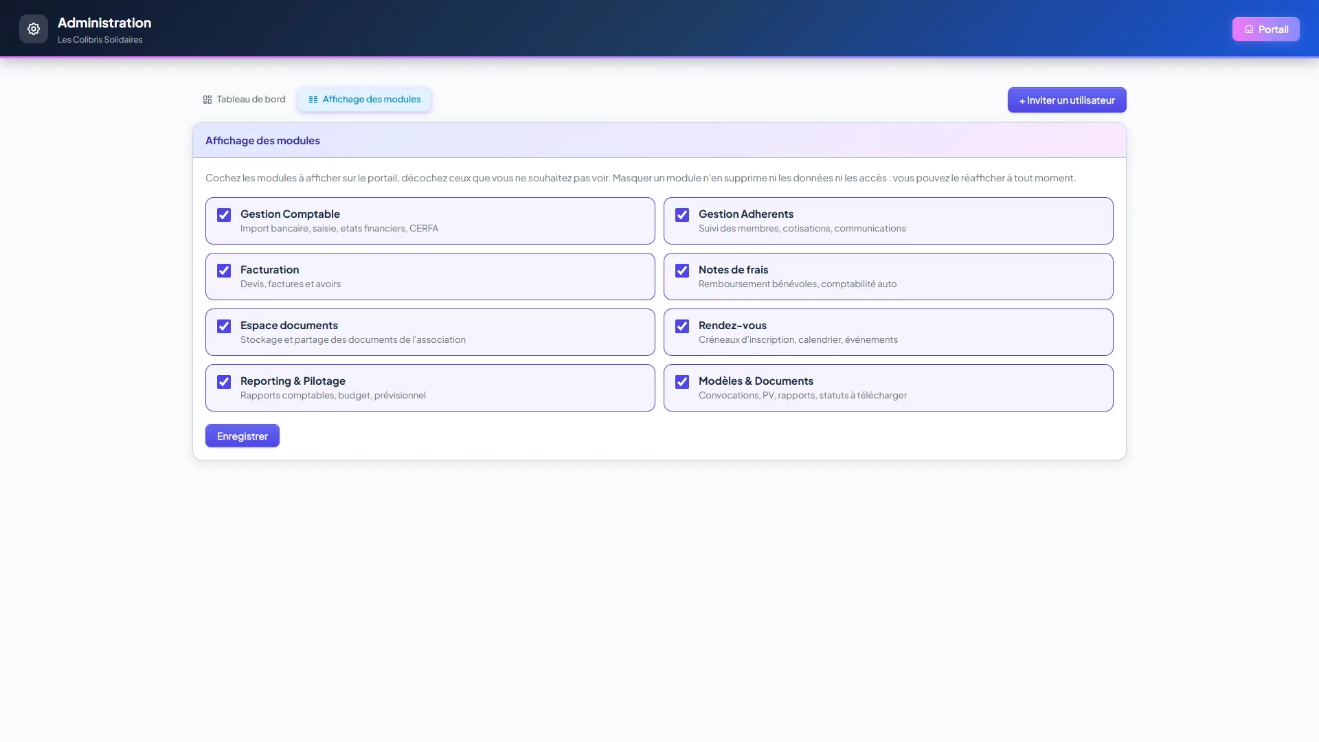 Écran Affichage des modules dans Administration : cases à cocher pour Gestion comptable, Adhérents, Facturation, Reporting, Notes de frais, Rendez-vous et Modèles