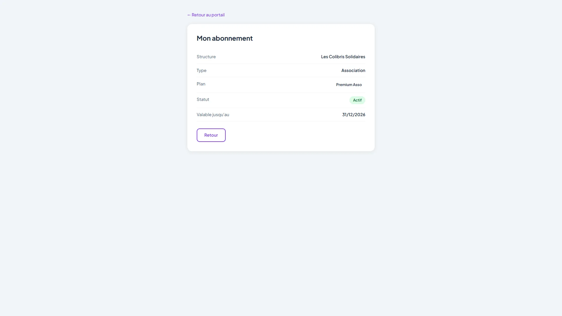 Écran Mon abonnement : structure, type, plan, statut actif et date de validité