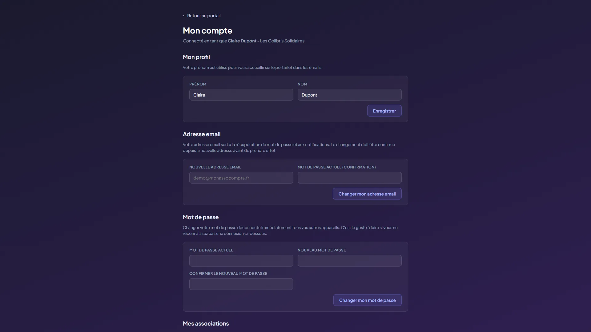 Écran Mon compte : le profil prénom et nom, la section Adresse email, la section Mot de passe avec ses trois champs et le bouton Changer mon mot de passe, puis le début de Mes associations