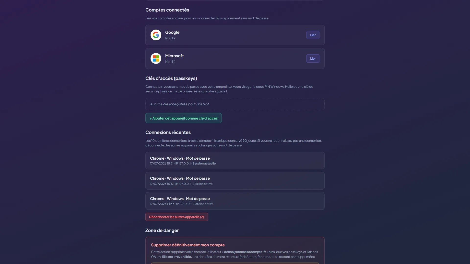 Section Connexions récentes de Mon compte : liste des connexions avec navigateur, date, adresse IP et mention Session actuelle, puis le bouton Déconnecter les autres appareils