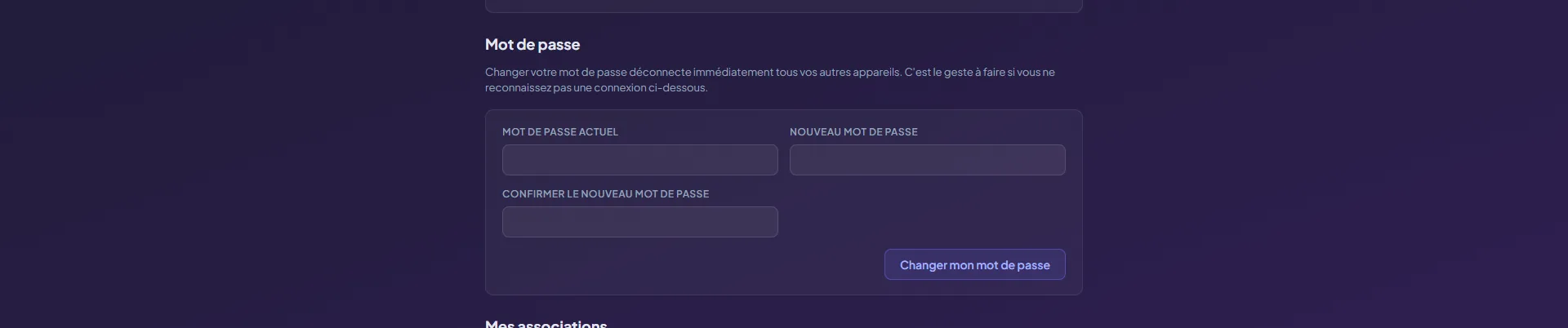 Section Mot de passe de Mon compte : les champs Mot de passe actuel, Nouveau mot de passe et Confirmer le nouveau mot de passe, avec le bouton Changer mon mot de passe