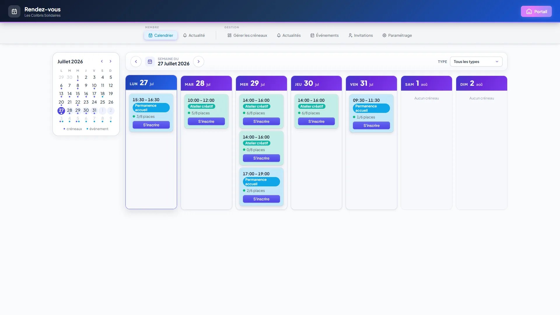 Calendrier hebdomadaire du module Rendez-vous avec créneaux, places restantes et boutons S'inscrire