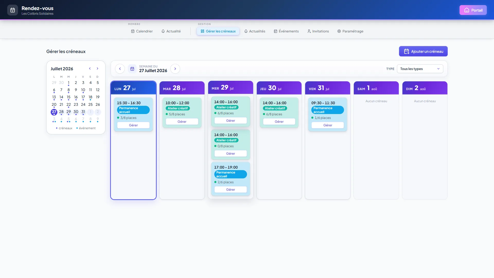 Calendrier admin du module Rendez-vous : gestion des créneaux et des inscriptions