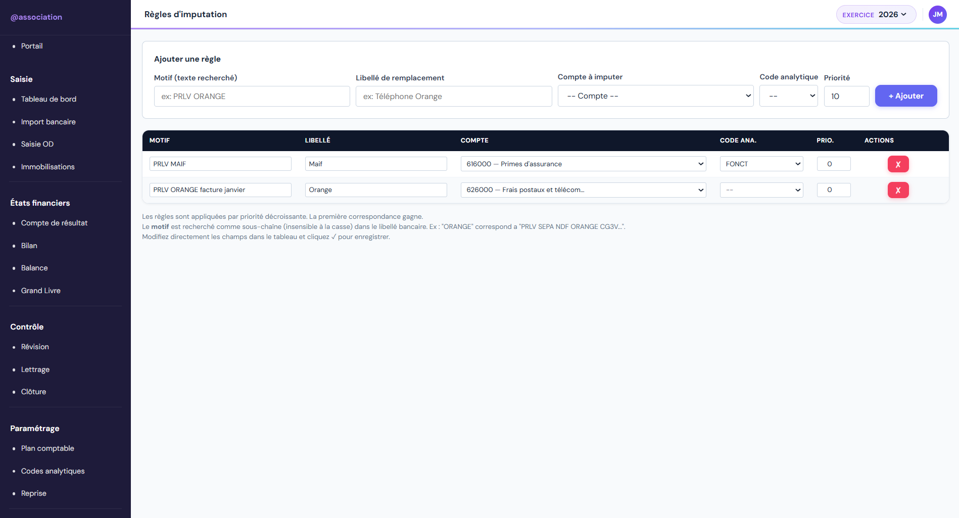 Liste des règles d'imputation