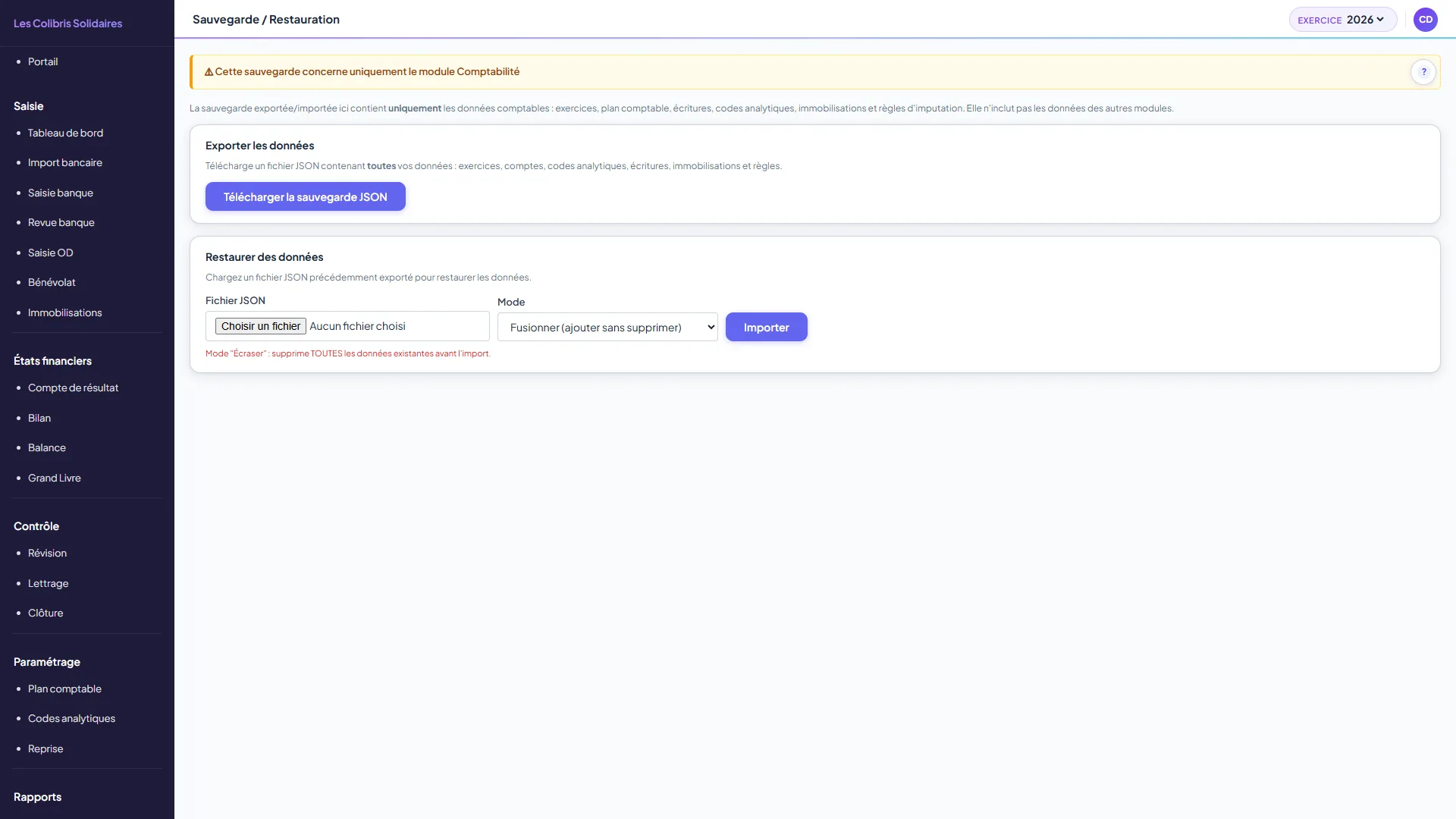 Écran de sauvegarde des données comptables de l'association : export JSON et restauration