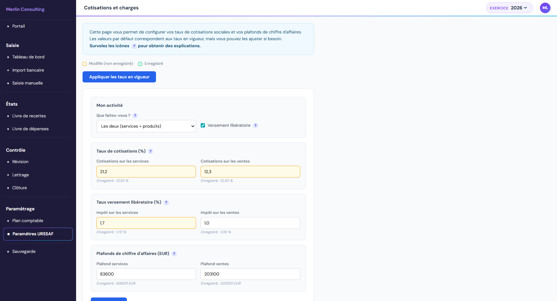 Écran de paramètres URSSAF